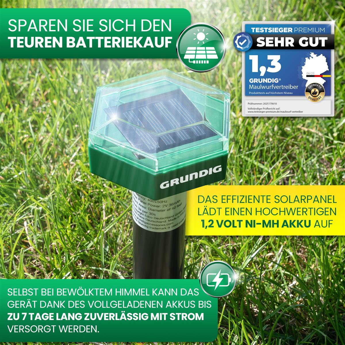 Grünes Solar-Maulwurfvertreiber-Gerät von Grundig mit einem Solarpanel und einem Siegel für "Sehr Gut".