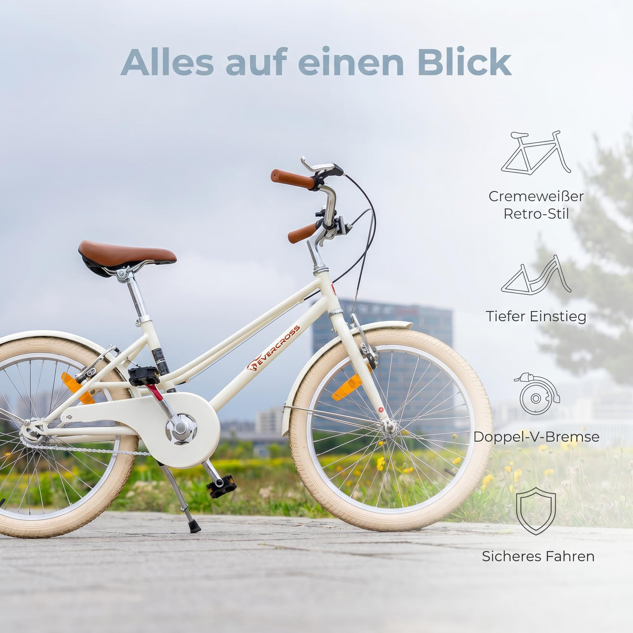 Ein cremefarbener Retro-Stil Damenrad mit braunem Sattel und Griffen.