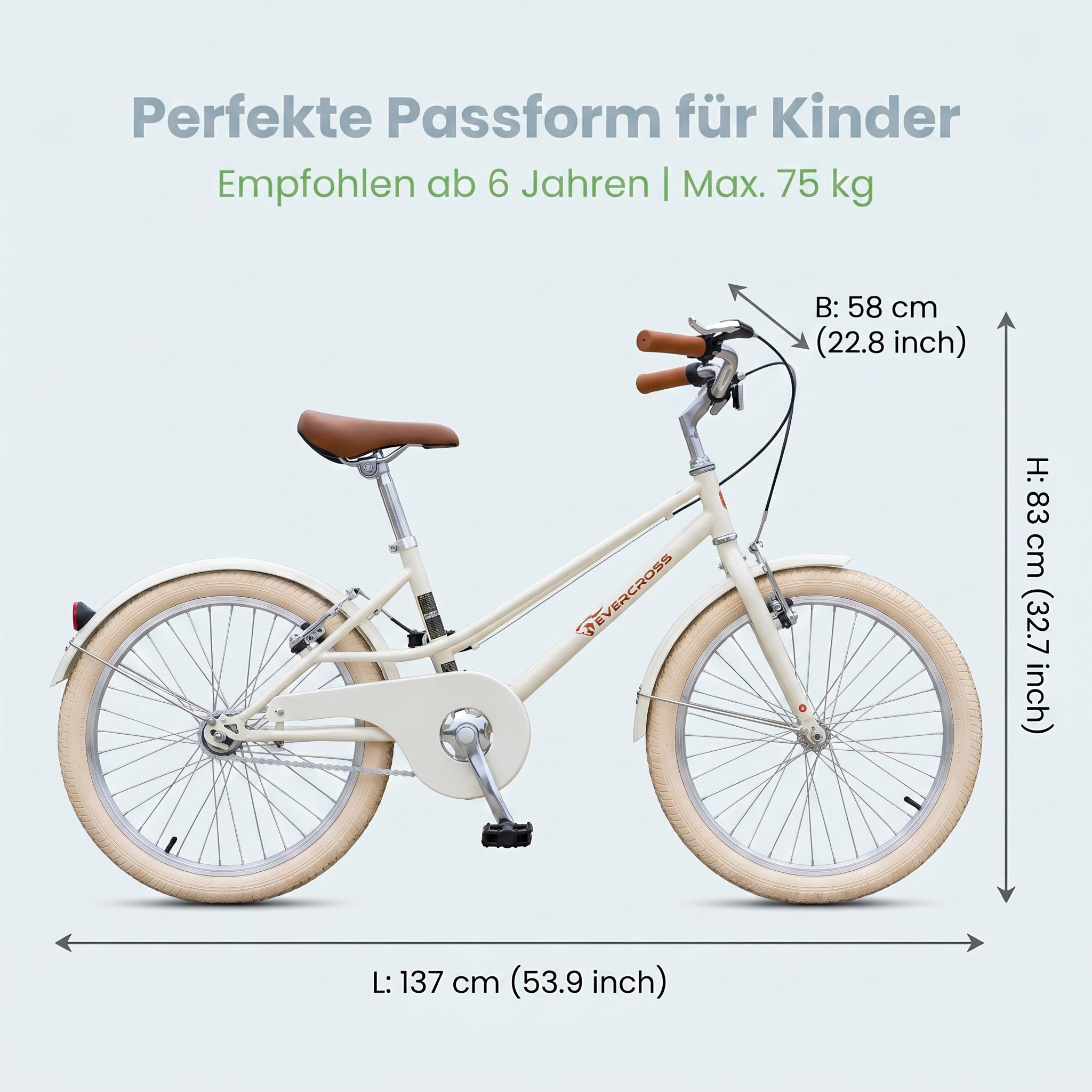 Beige Kinderfahrrad mit braunem Sattel und Griffen. Maße angegeben.