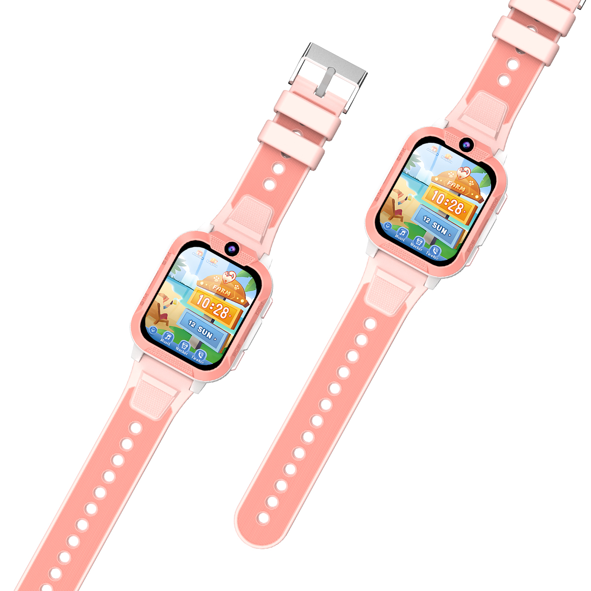 Zwei rosafarbene Smartwatches mit bunten Zifferblättern und Kameras.