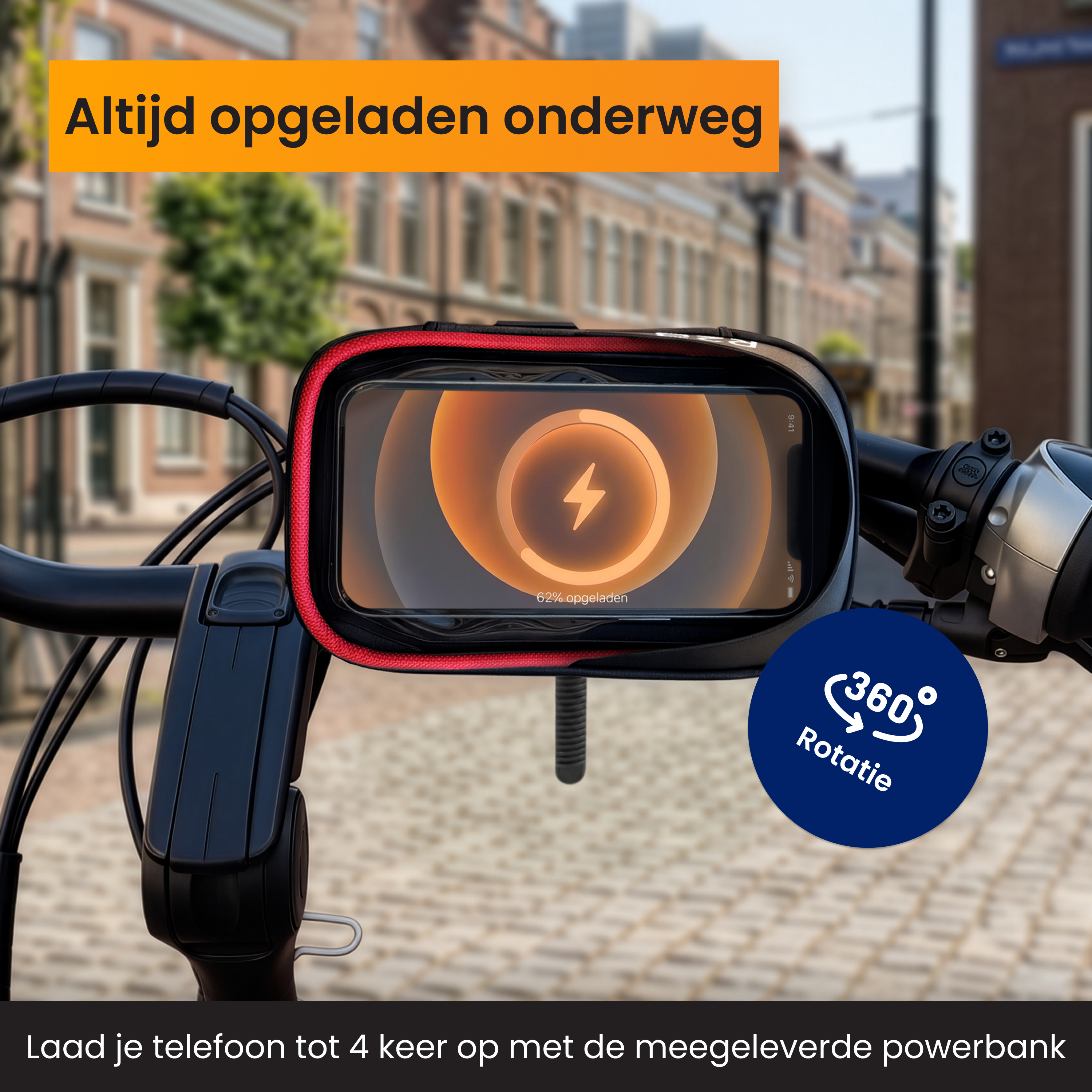Guidon de vélo avec support de téléphone, indicateur de charge et icône 360.