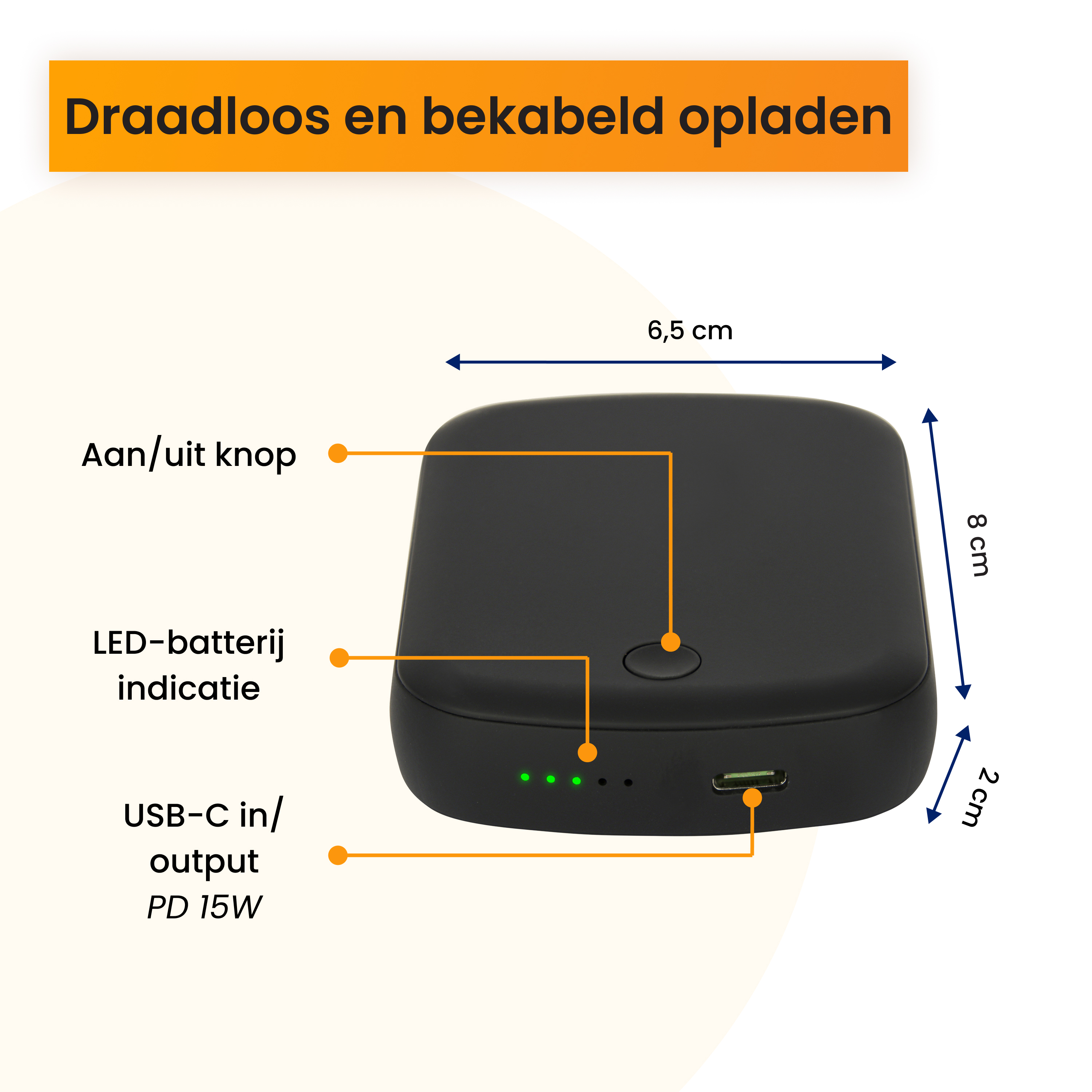 Chargeur noir de 6.5x8x2cm, USB-C, indicateur LED.