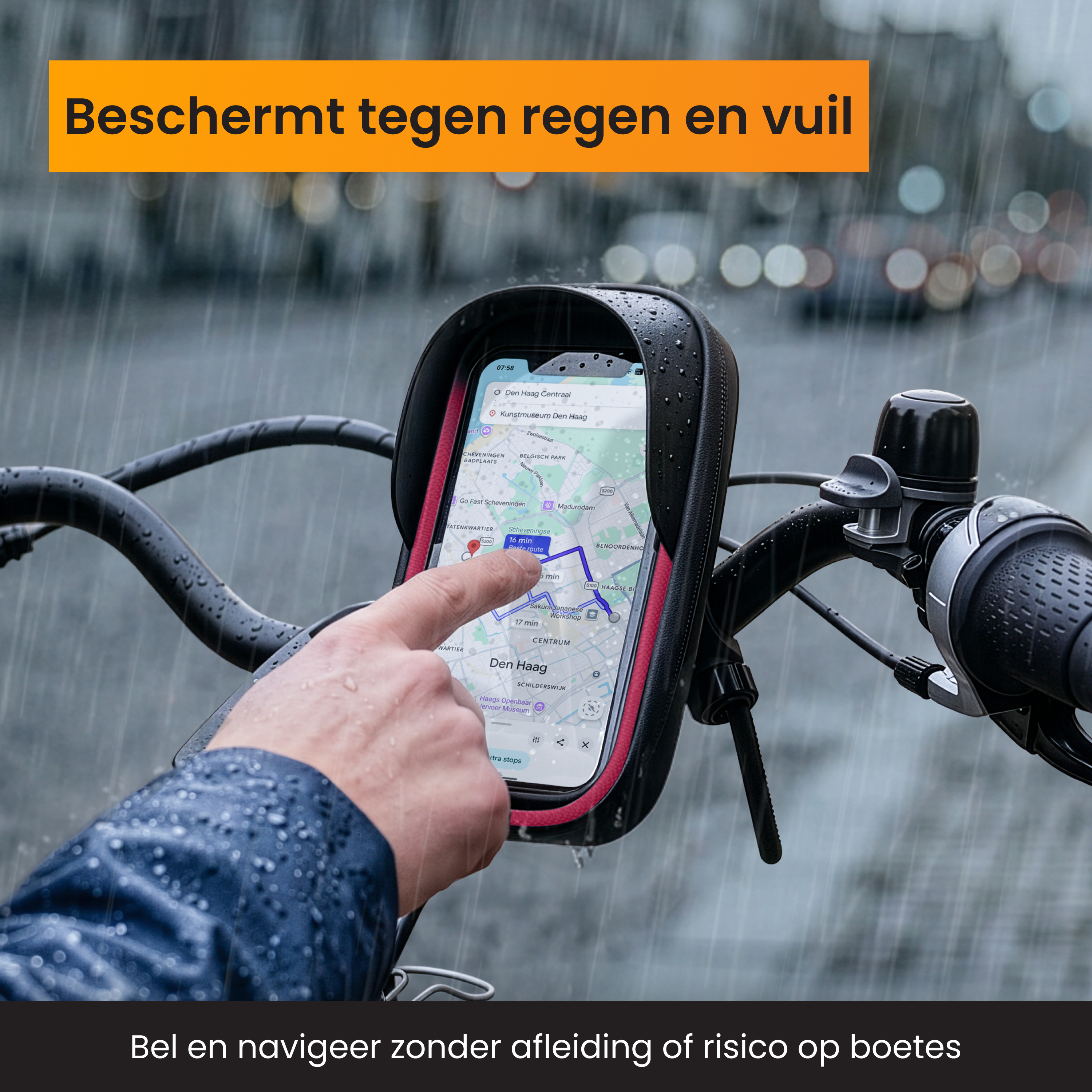 Support téléphone vélo sous la pluie montre une application de navigation.