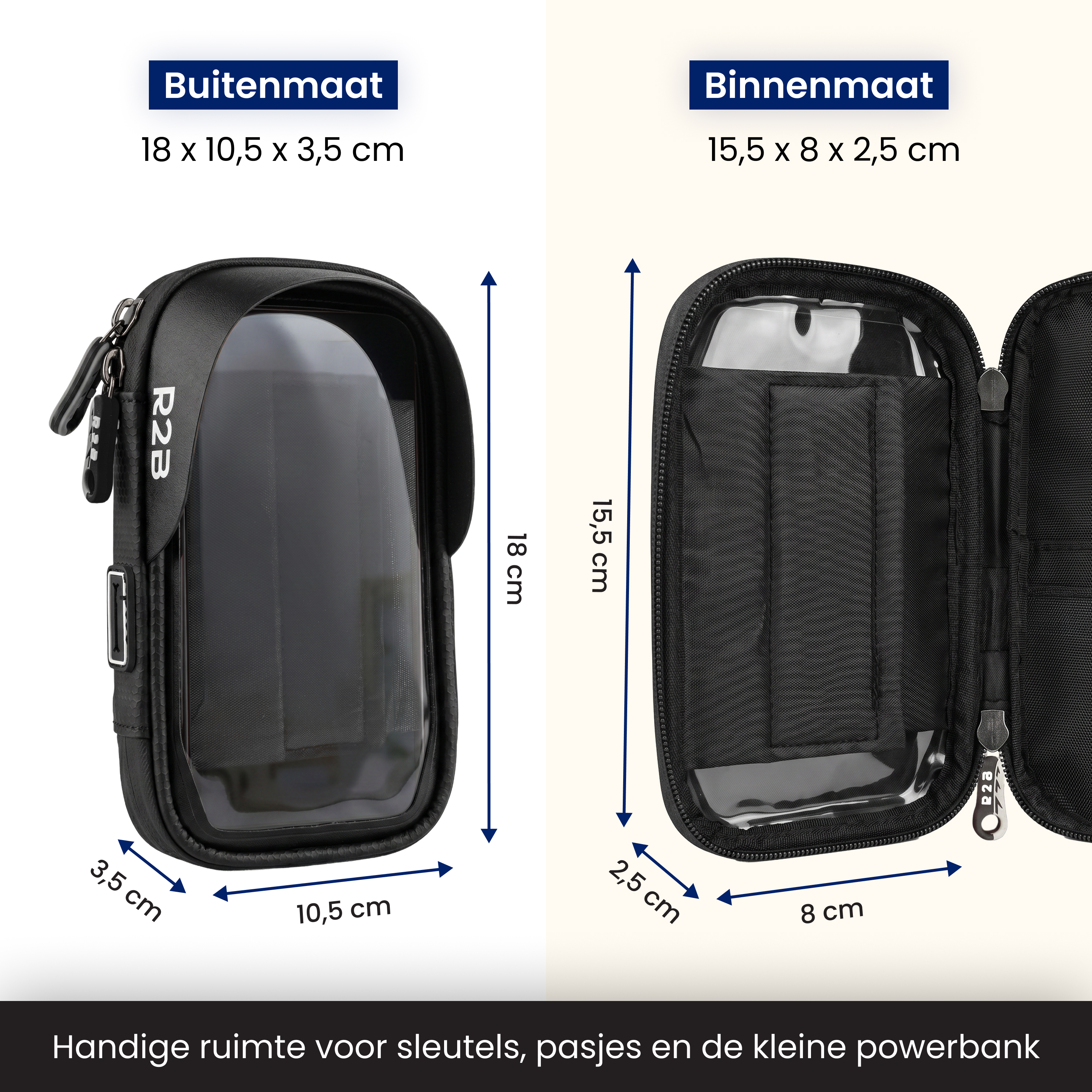 Deux pochettes noires avec dimensions et fermetures éclair. Utile pour petits objets.