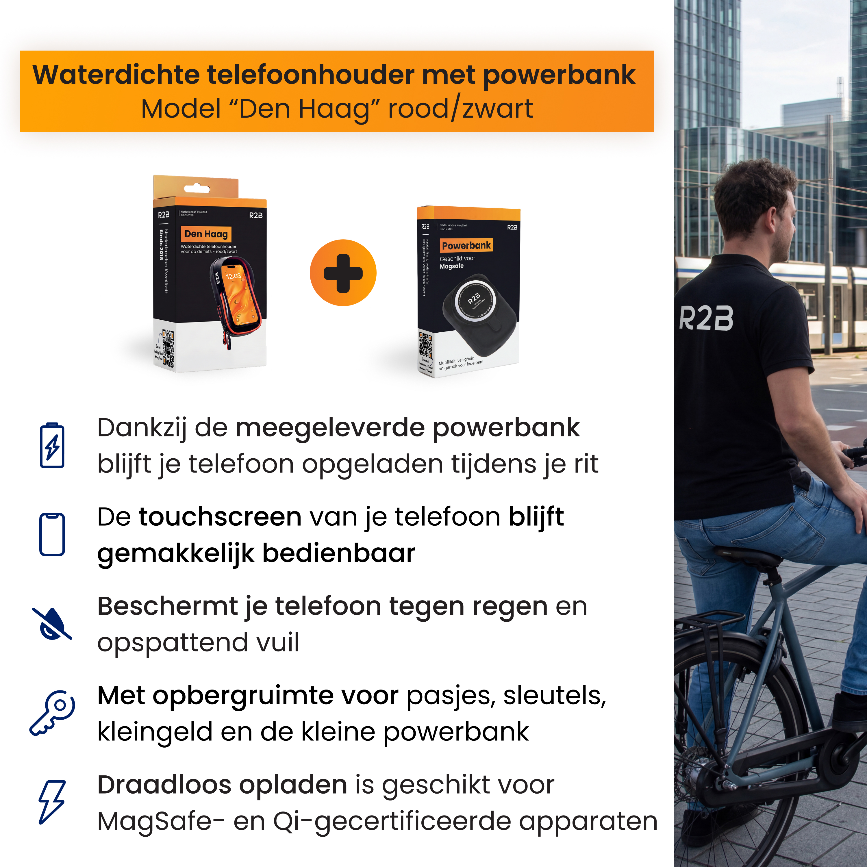 Support téléphone étanche avec powerbank, rouge/noir, pour vélos.