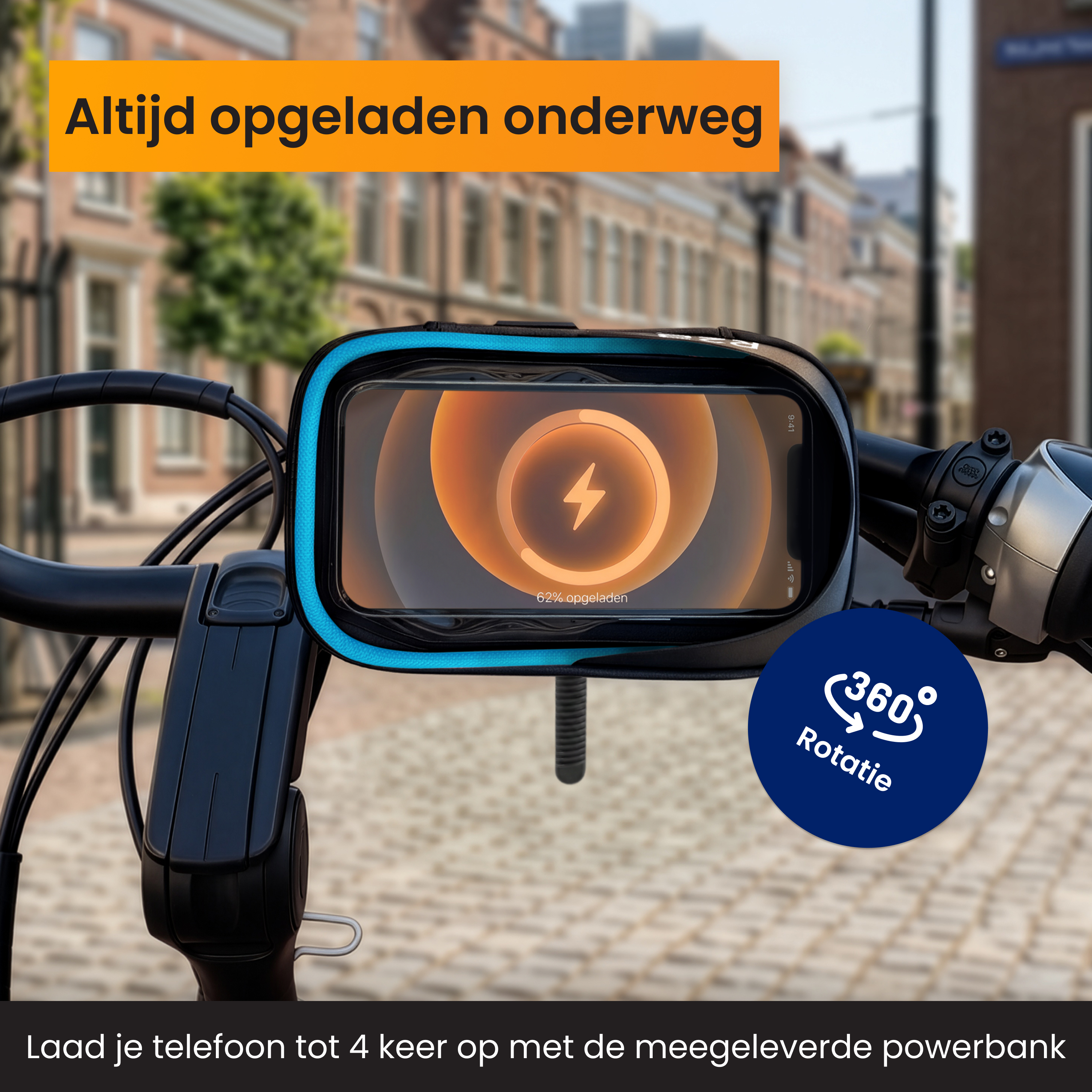 Téléphone attaché au guidon du vélo, chargeant avec une batterie externe. Texte : Toujours chargé en déplacement.