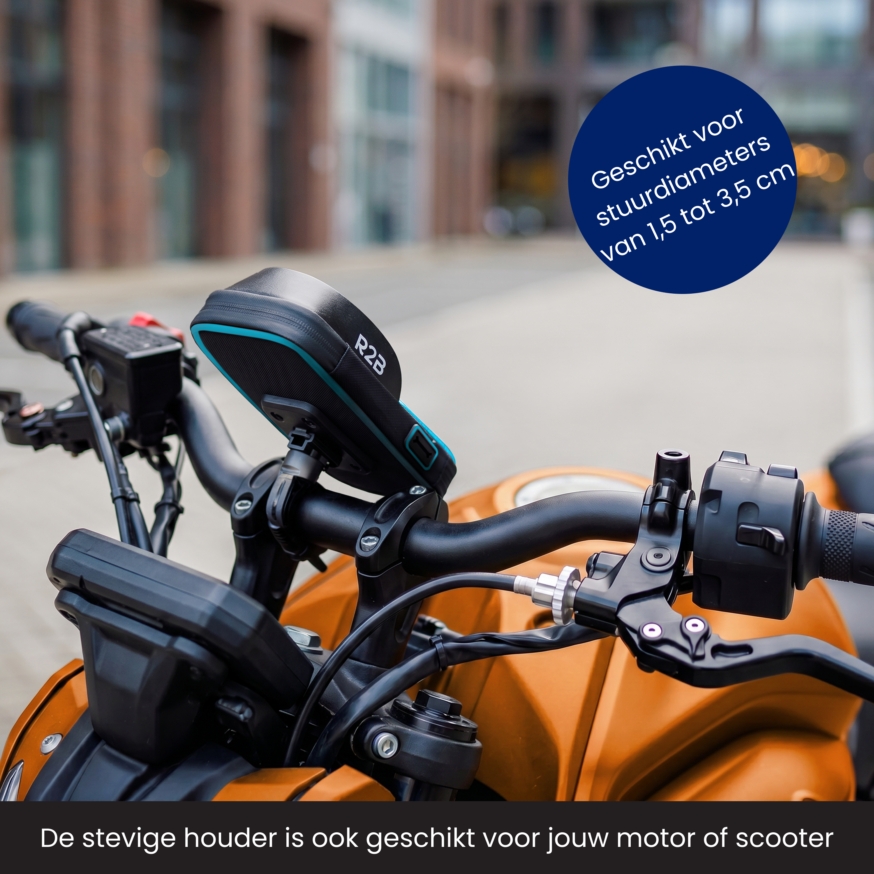 Guidon de moto orange avec support noir et cercle bleu.