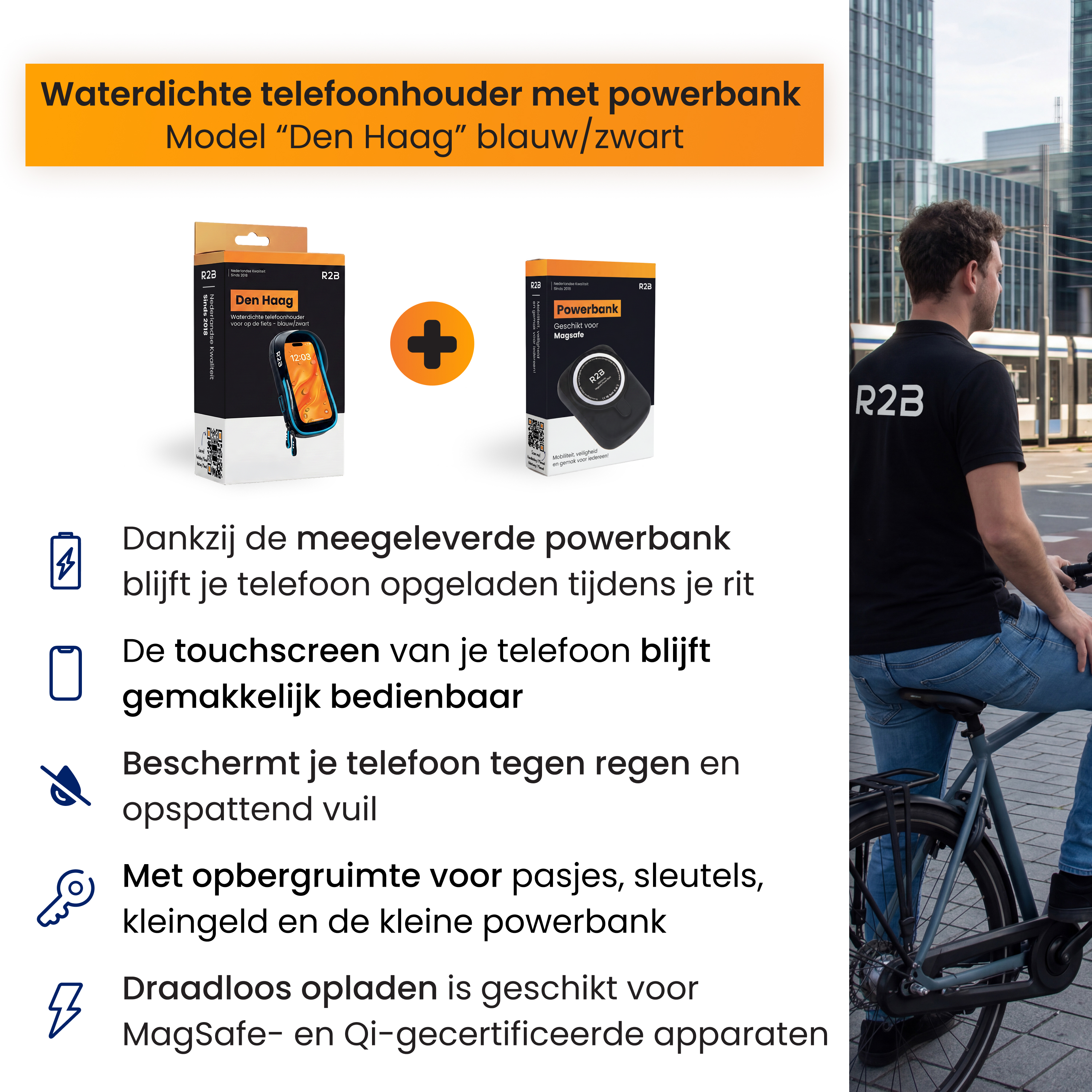 Support de téléphone étanche avec powerbank, modèle « Den Haag », bleu/noir.