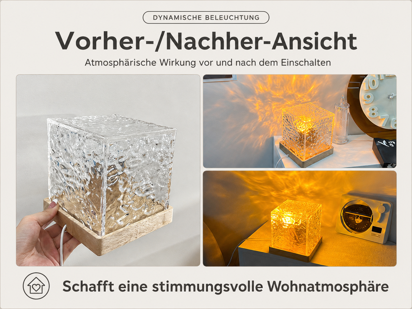 Würfelförmige Glaslampe mit Holzsockel, zeigt Effekte vor und nach dem Einschalten.