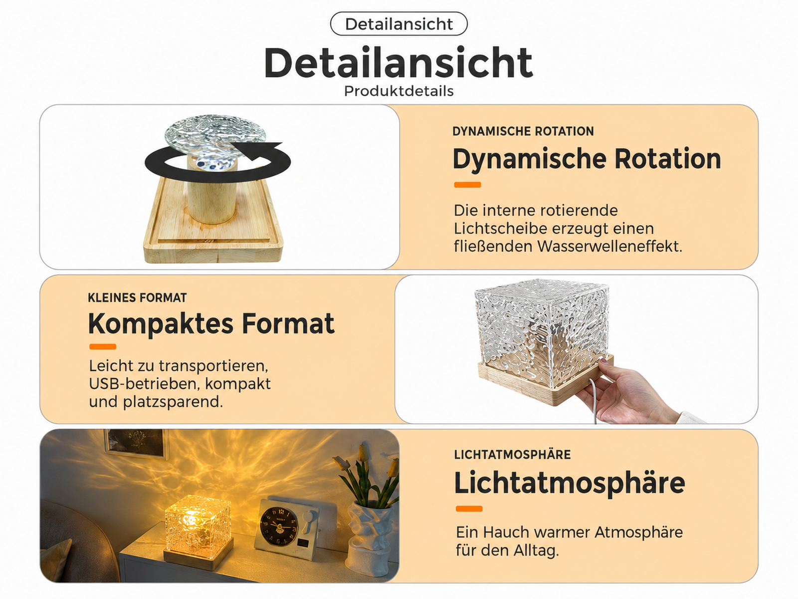 Produktdetails: rotierendes Licht, kompakte Größe und Umgebungslicht.