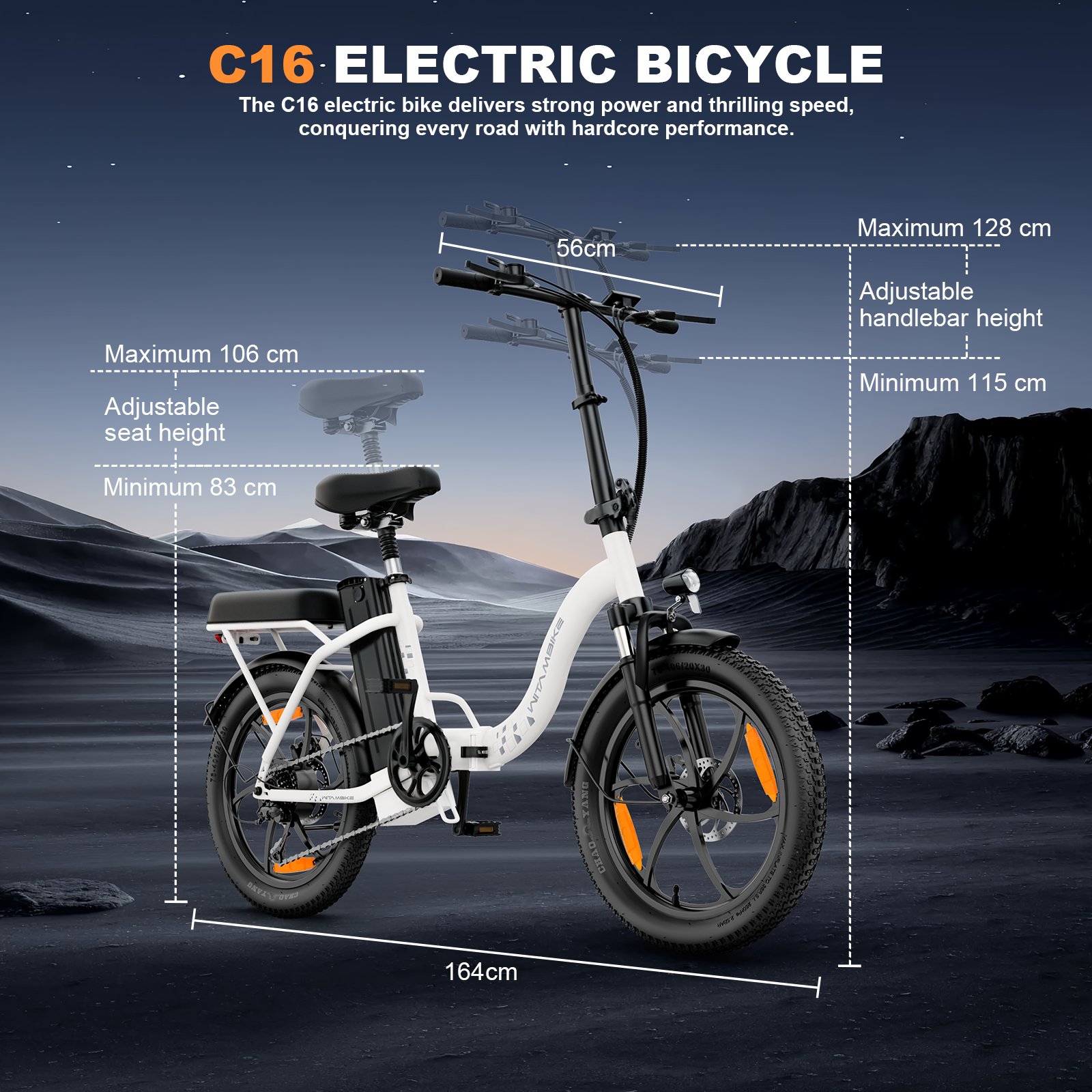 Una bicicleta eléctrica blanca con detalles negros, mostrando sus dimensiones.