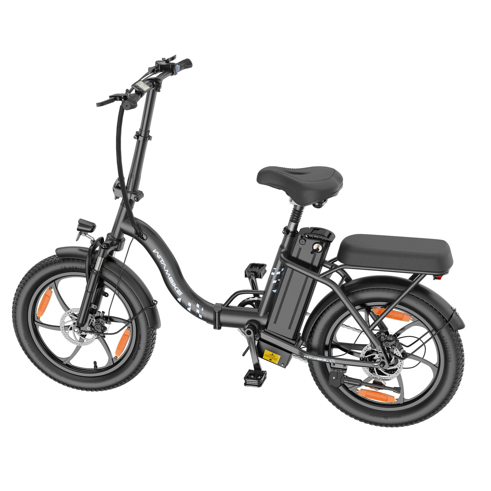 Bicicleta eléctrica plegable negra con cuadro bajo, portaequipajes y asiento.