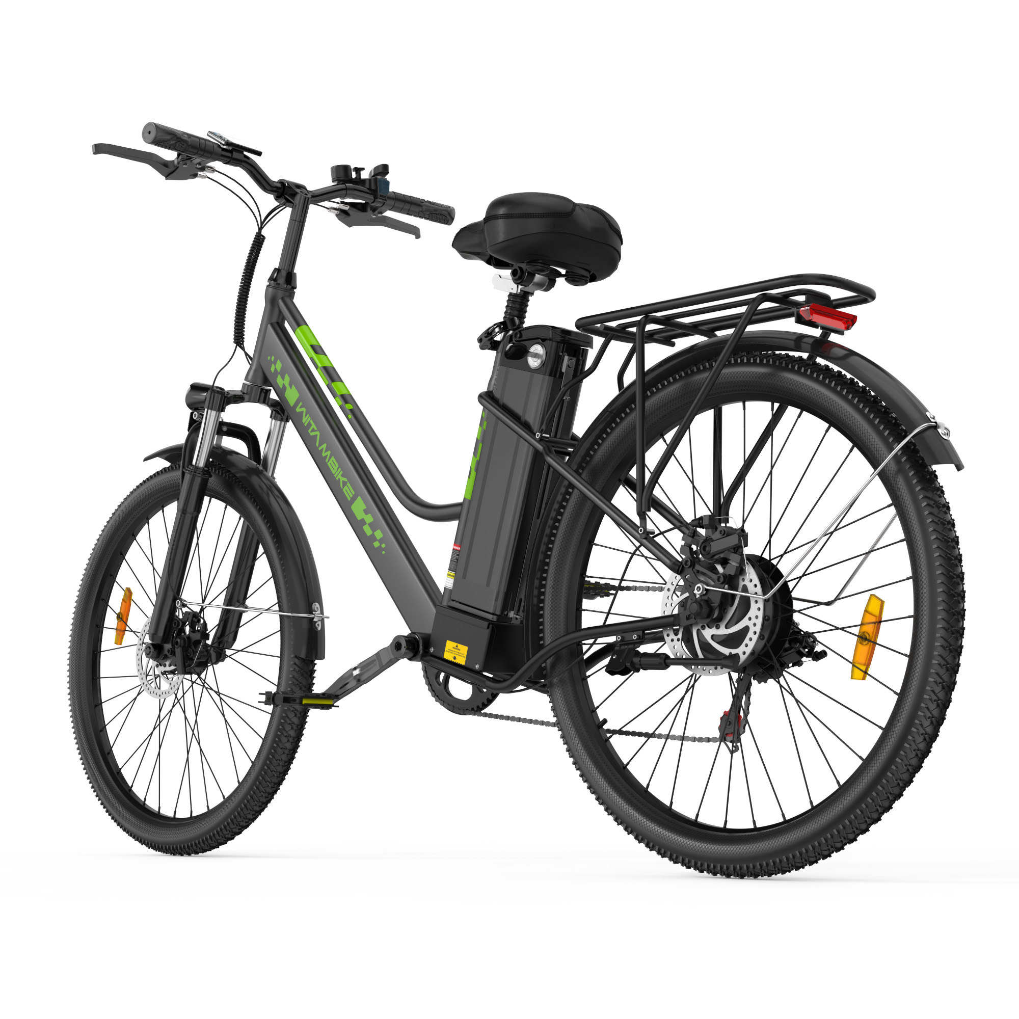 Una bicicleta eléctrica negra con detalles verdes y portaequipajes.