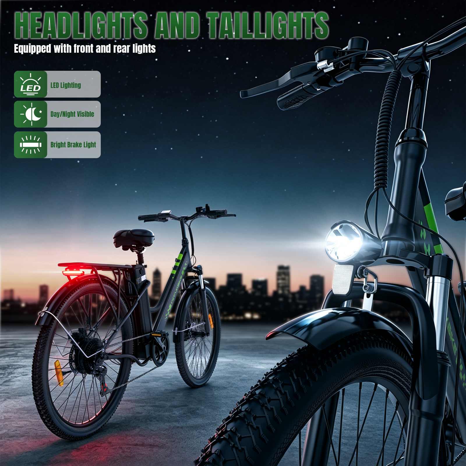 Dos bicicletas eléctricas de noche con luces delanteras y traseras encendidas.