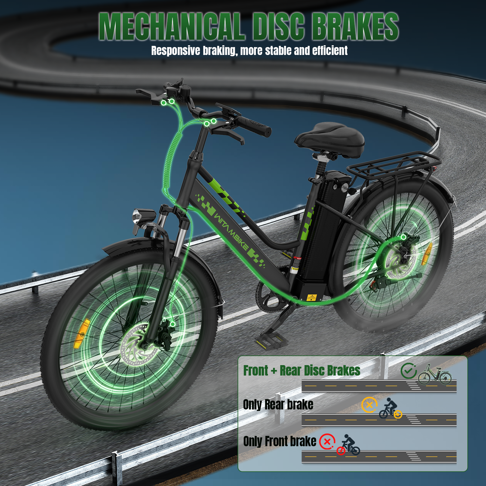 Una bicicleta eléctrica negra con detalles verdes y frenos de disco en una carretera.