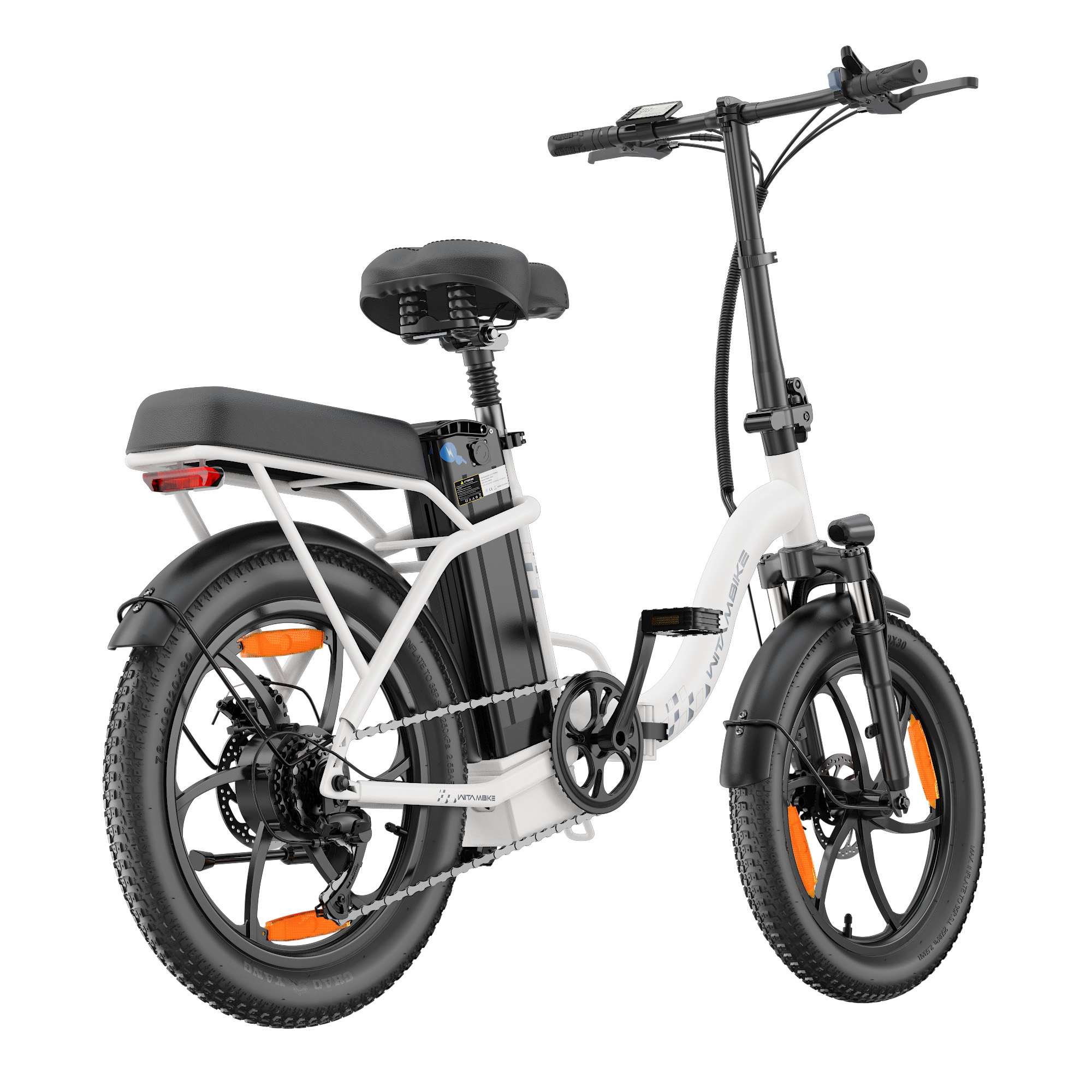 Una bicicleta eléctrica plegable blanca con neumáticos, sillín y manillar negros.