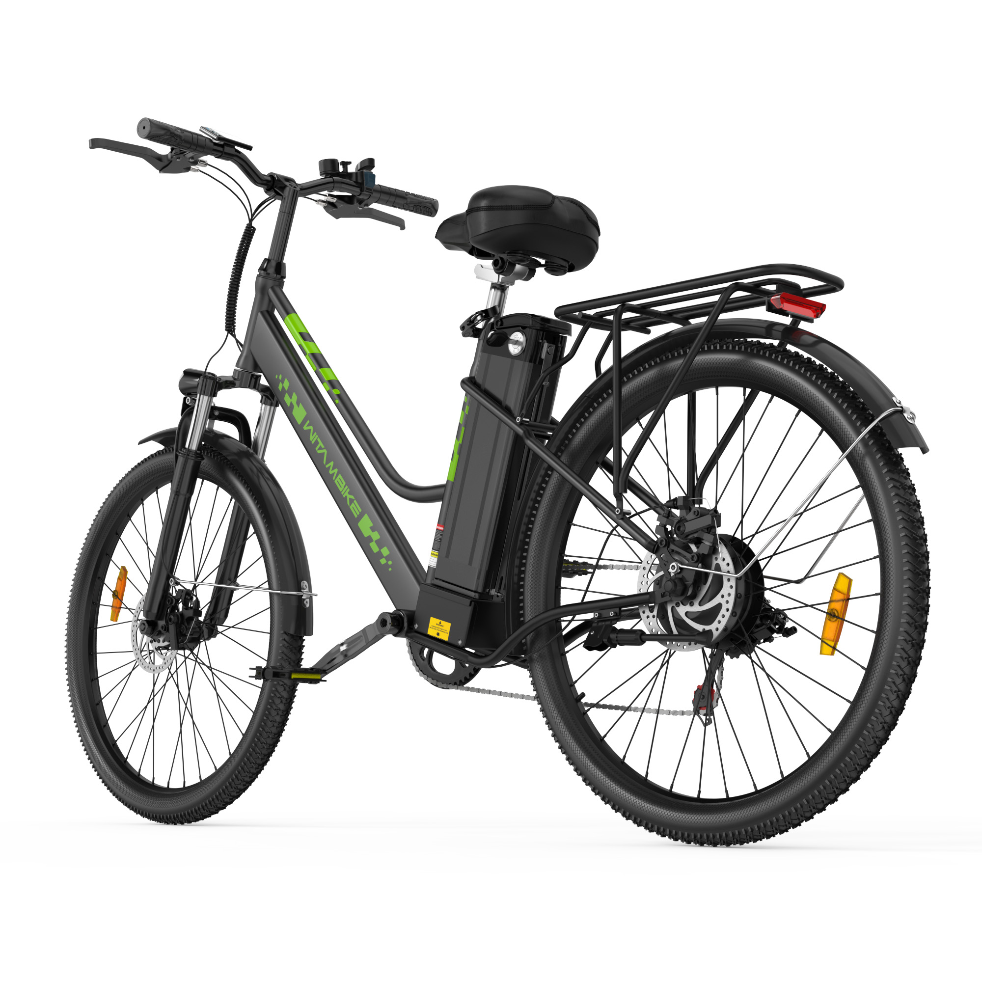 Bicicleta eléctrica negra con detalles verdes, portaequipajes y fondo blanco.