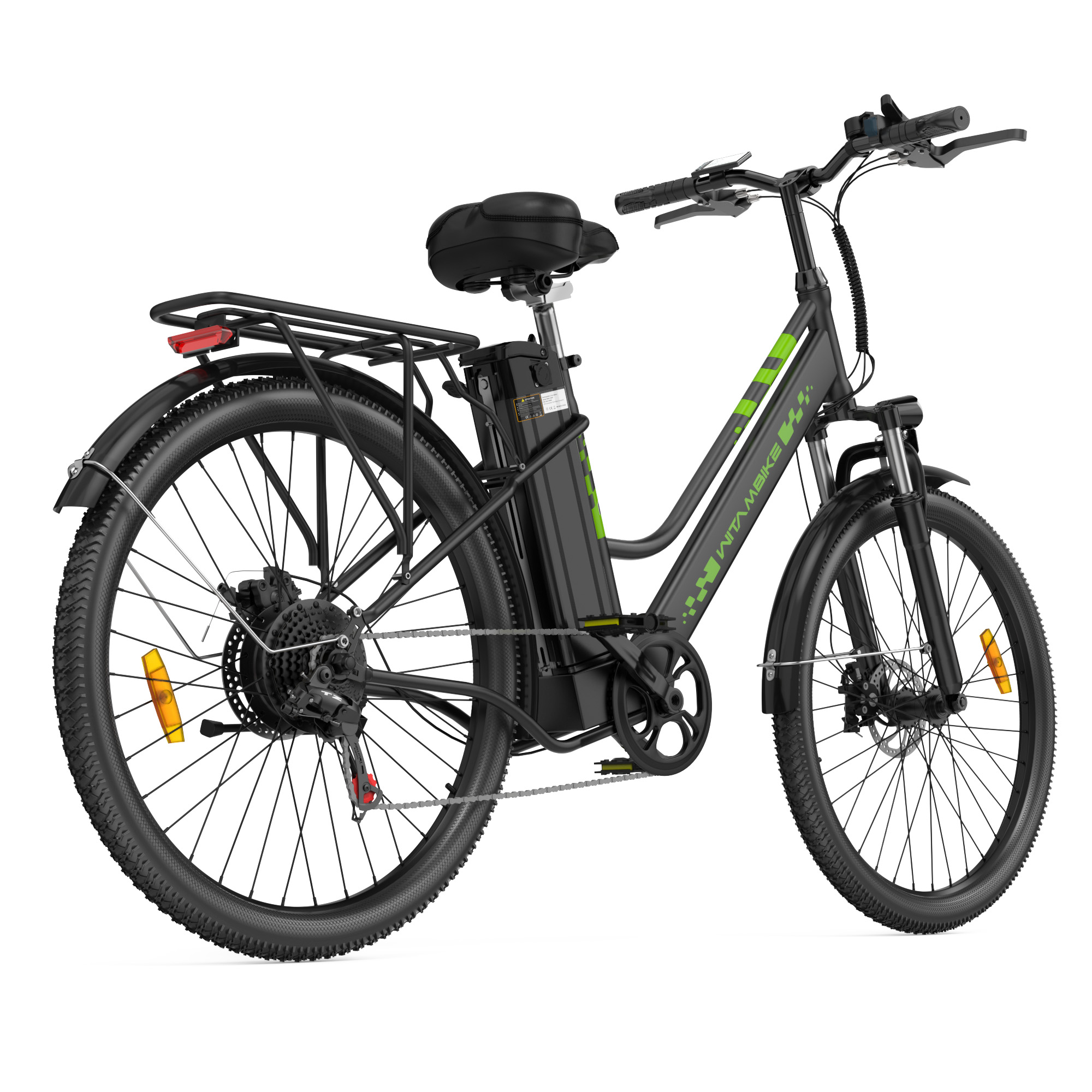 Bicicleta eléctrica negra con detalles verdes, portaequipajes, horquilla y frenos de disco.