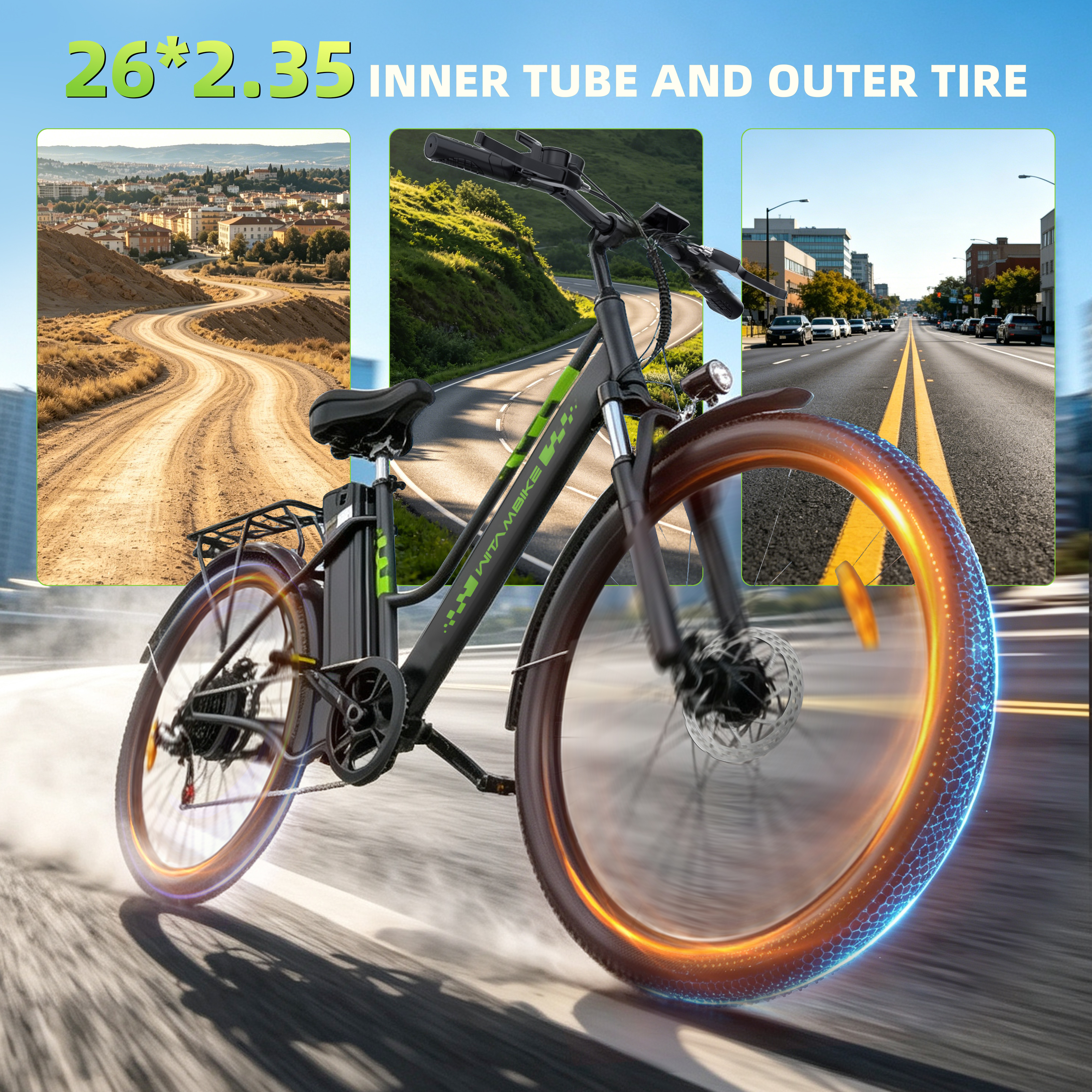 Bicicleta eléctrica con neumáticos 26x2,35 en terrenos urbanos, de montaña y carretera.