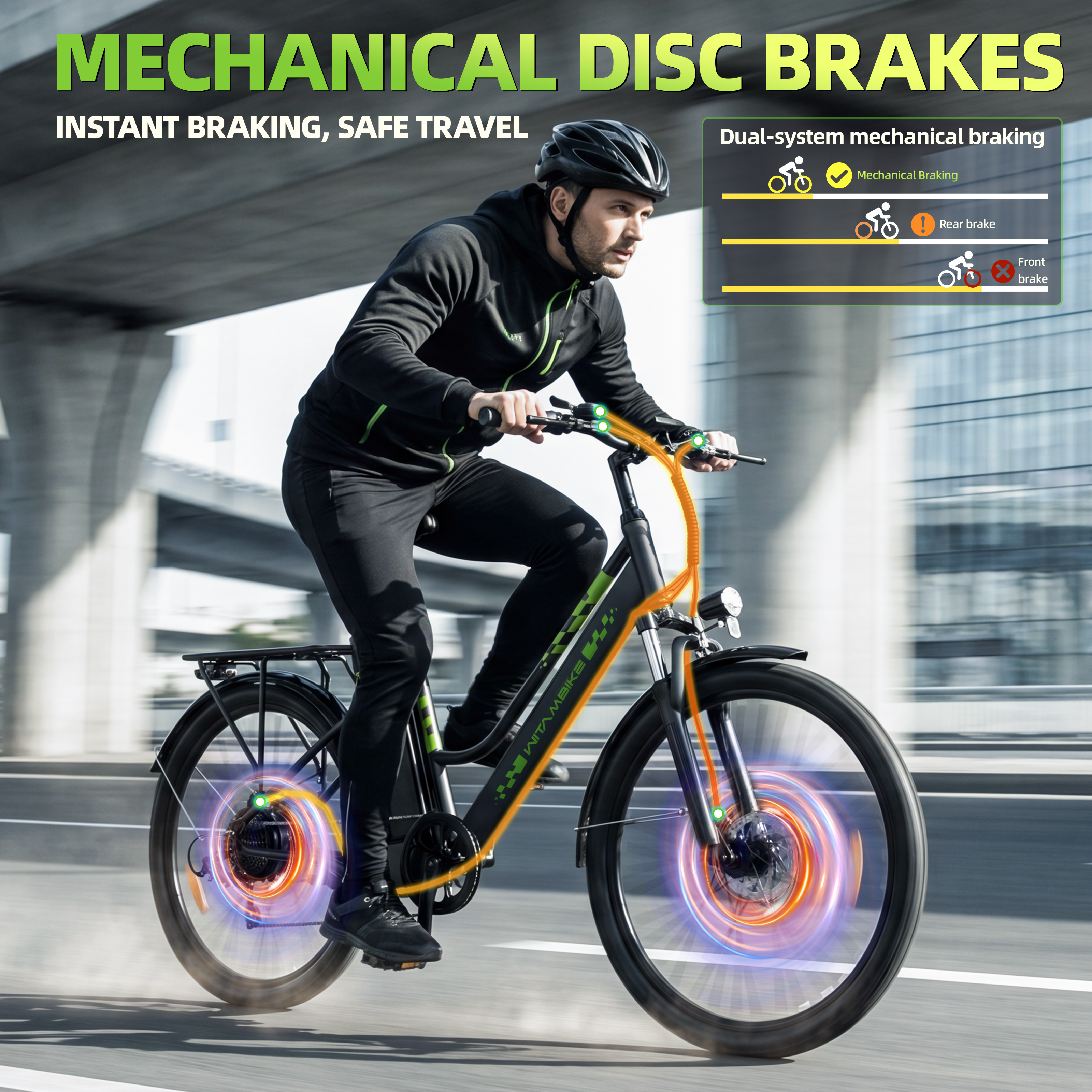 Hombre en bicicleta eléctrica con discos de freno brillantes.