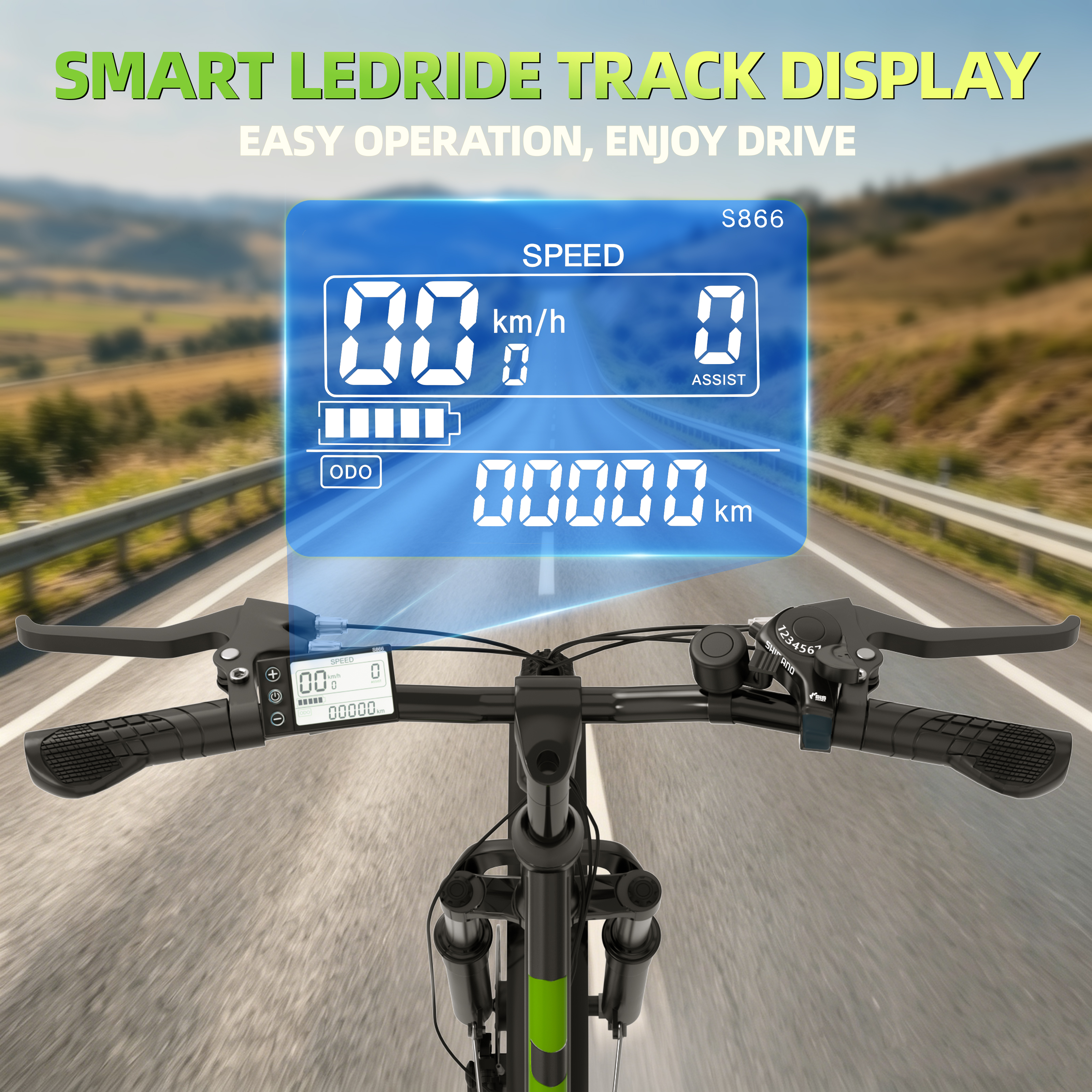 Manillar de bicicleta con pantalla digital mostrando velocidad, odómetro y batería.