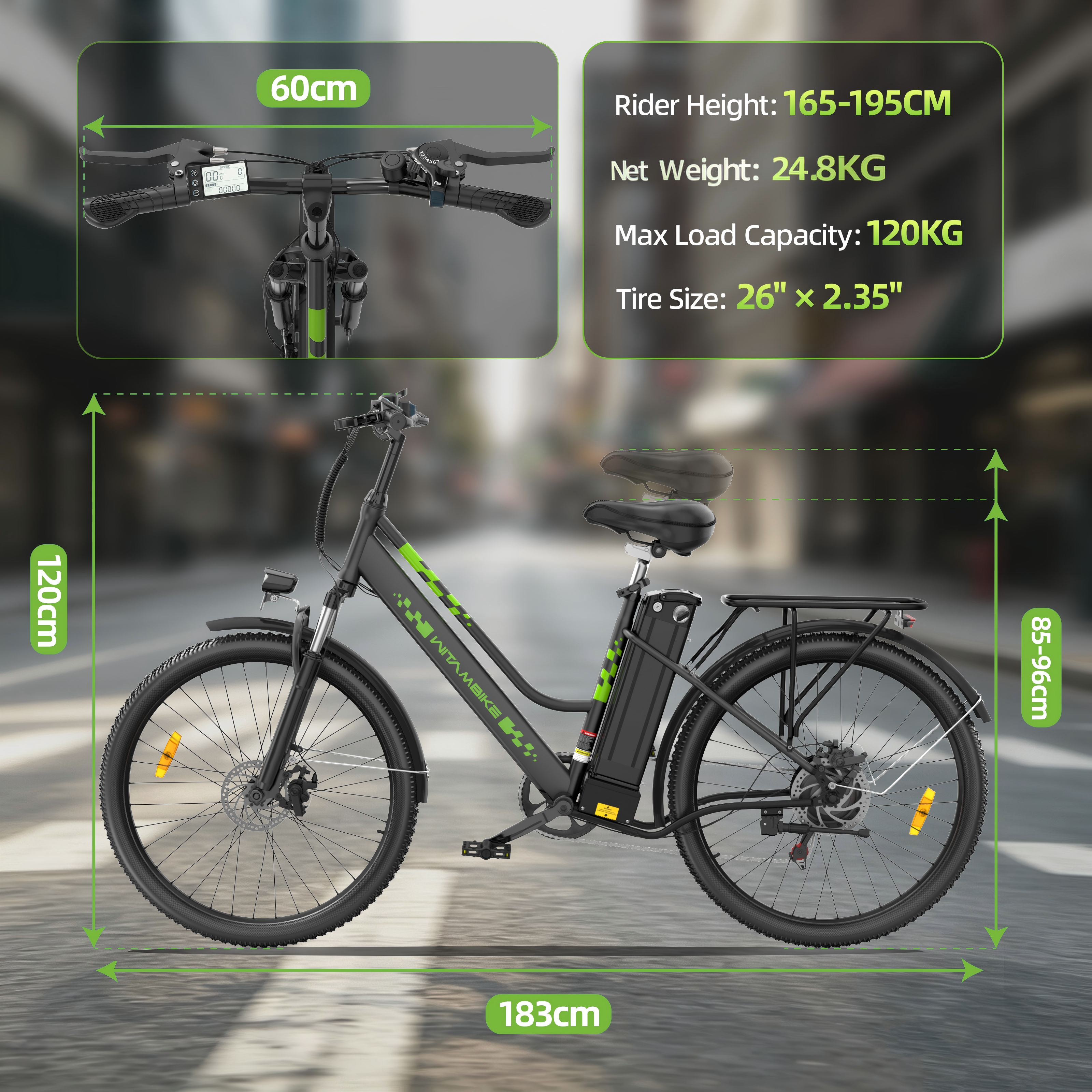 Una bicicleta eléctrica negra con detalles verdes está en una calle. Se indican las dimensiones.