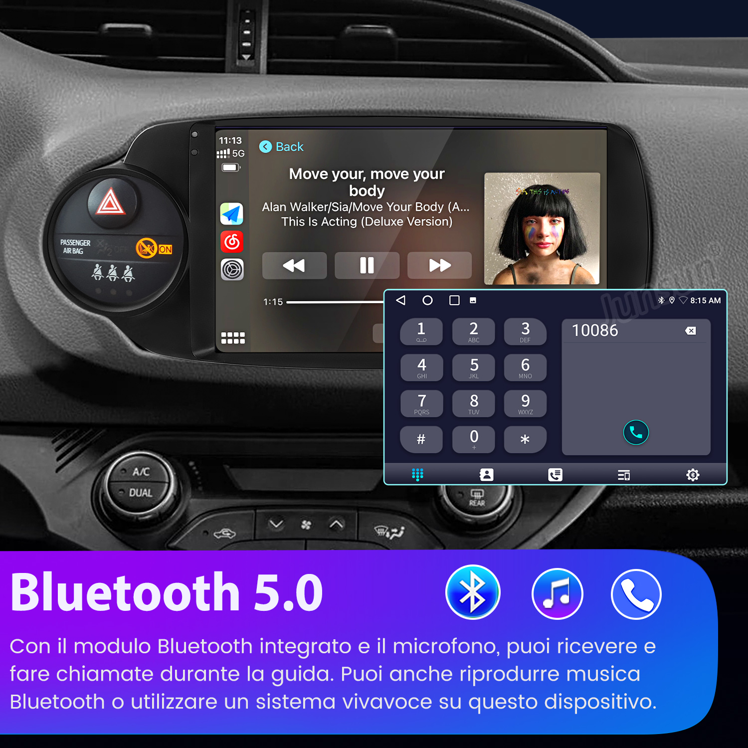 Sistema infotainment auto con riproduzione musicale, tastierino numerico e spie.