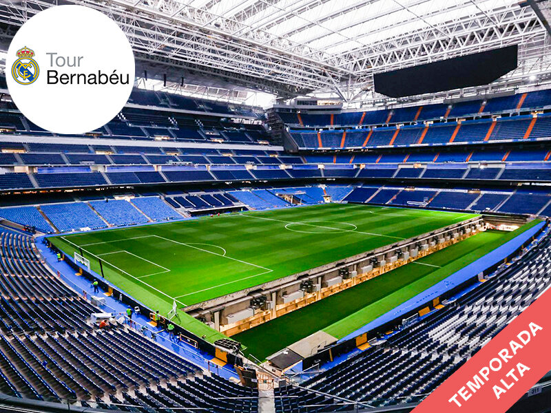 Un gran estadio con asientos azules y un campo de fútbol verde.