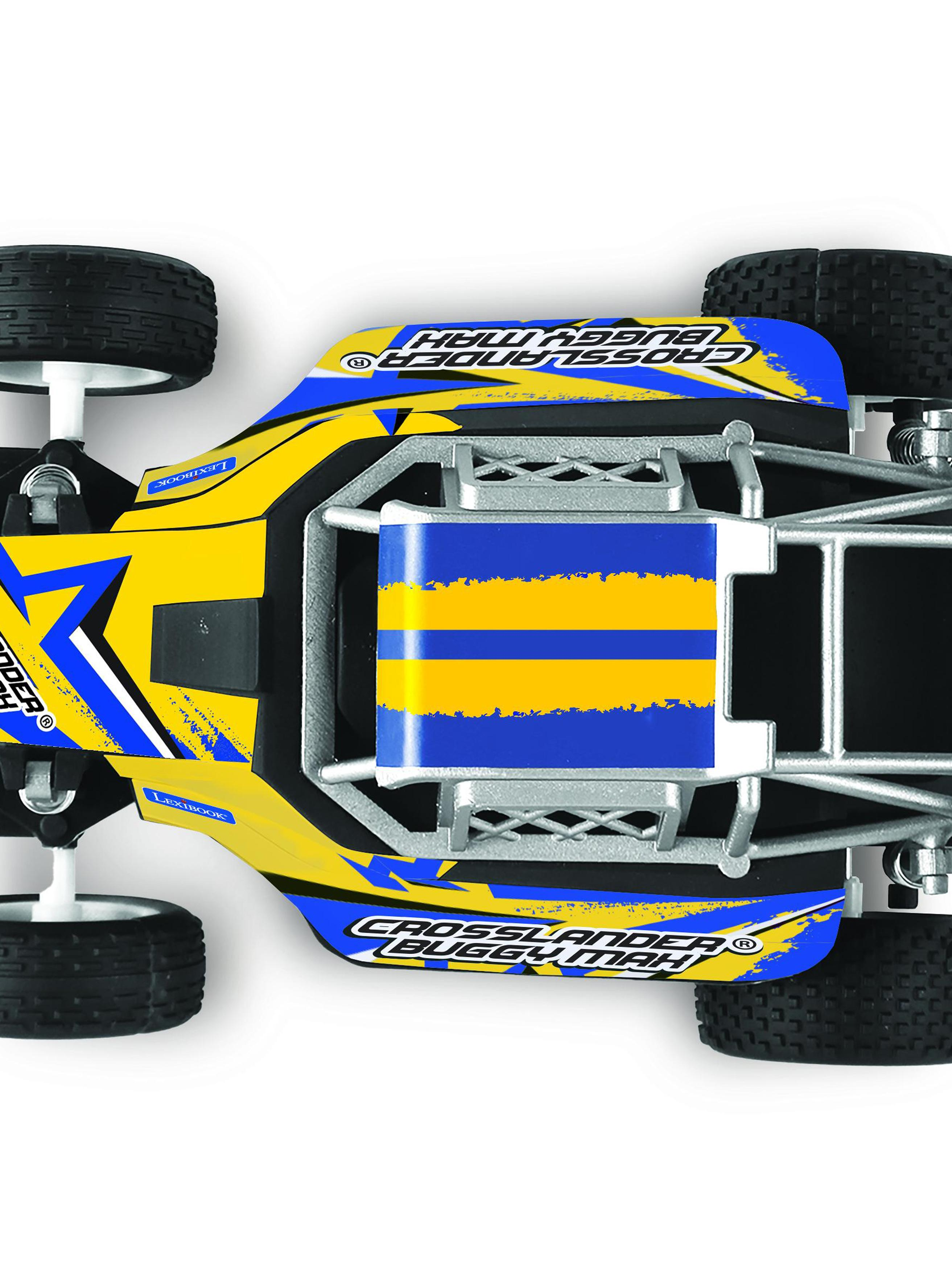 Ein gelber und blauer ferngesteuerter Buggy mit schwarzen Reifen.