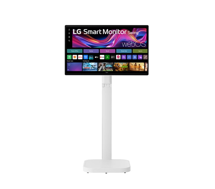 Beyaz bir stant, WebOS işletim sistemini gösteren bir LG Akıllı Monitörü destekliyor.