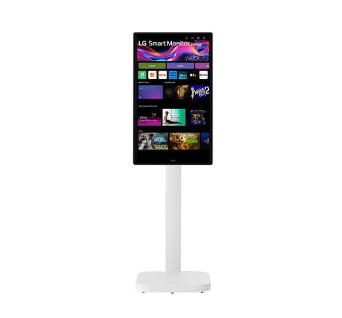 WebOS arayüzünü gösteren beyaz bir LG Akıllı Monitör stant üzerinde.