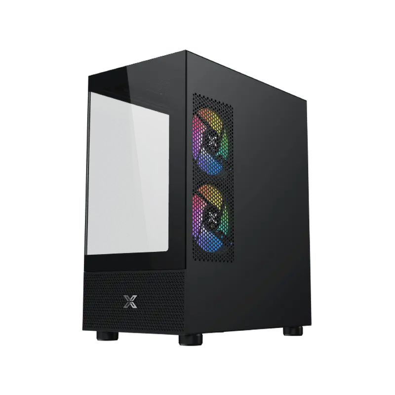 Case del computer nero con pannello laterale in vetro e ventole RGB.