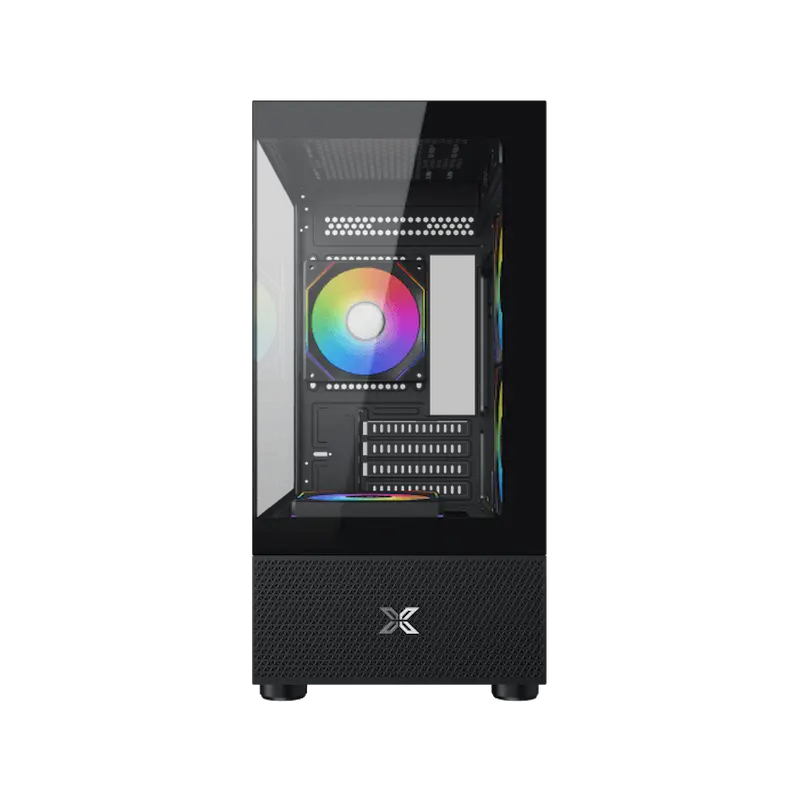 Case PC nero con ventola RGB e frontale in vetro.