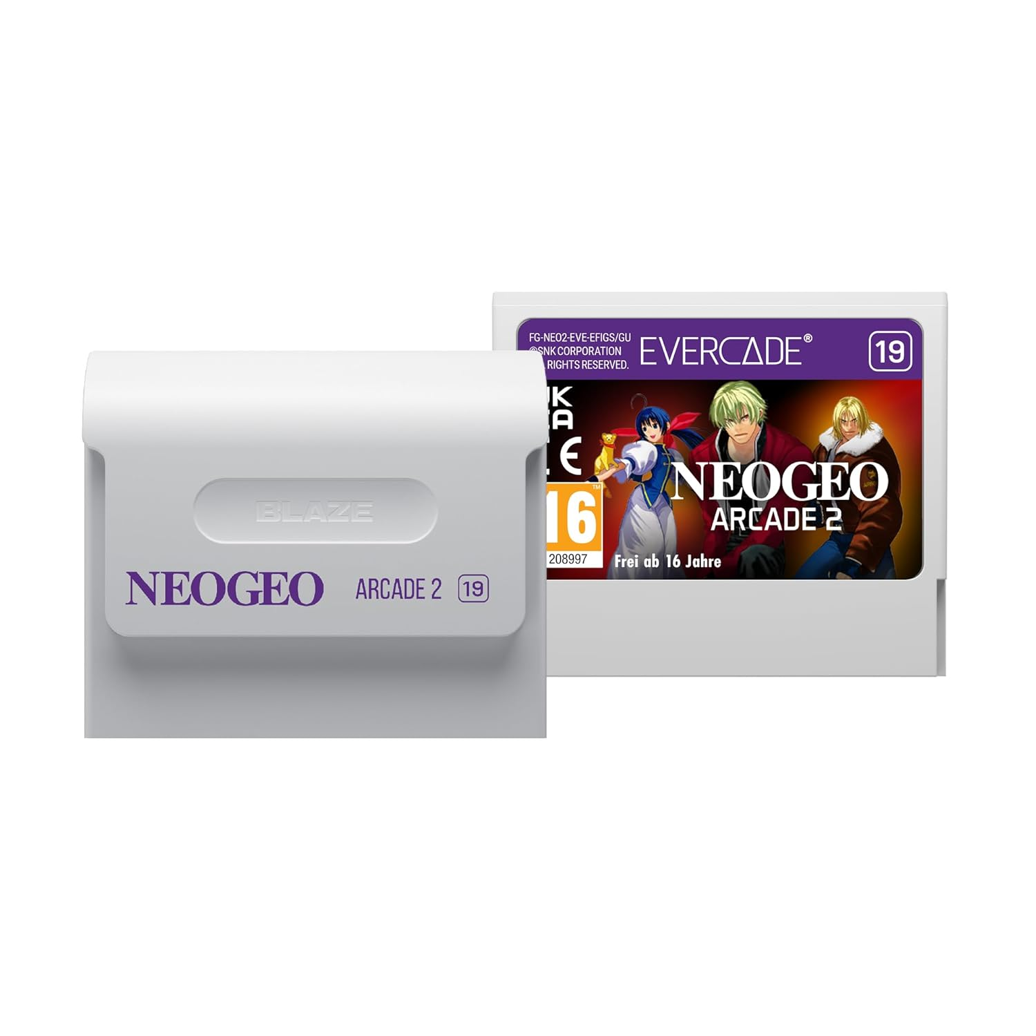 Kasetka gry Evercade dla Neo Geo Arcade 2, z 3 postaciami i oceną wiekową 16+.