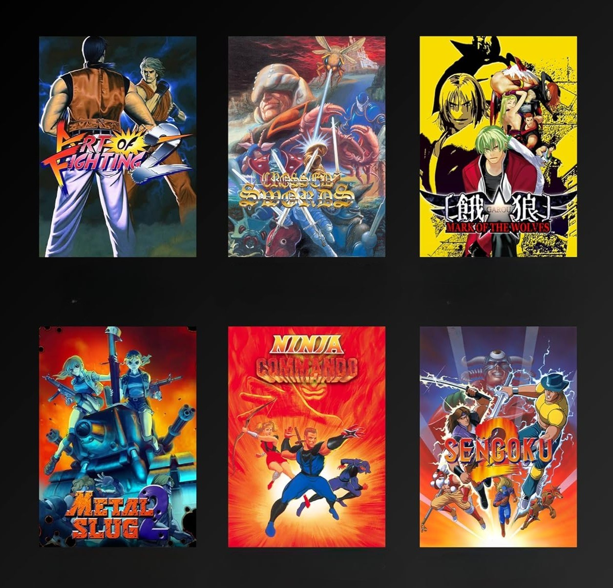 Kolaż sześciu okładek gier retro: Art of Fighting 2, Crossed Swords, Garou MOTW, Metal Slug, Ninja Commando, Sengoku 2.