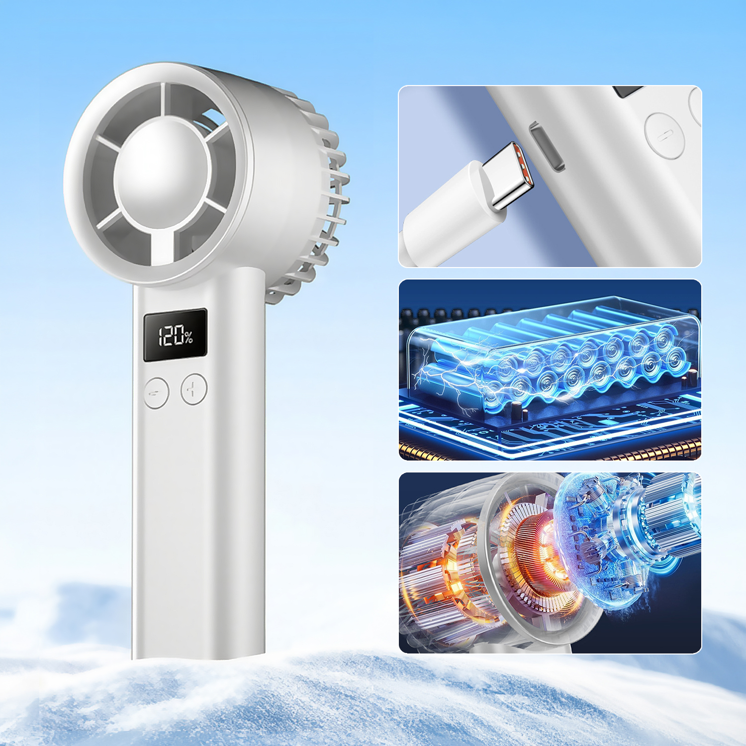 Ventilador portátil blanco con pantalla digital, carga USB-C, detalle de batería y motor interno.