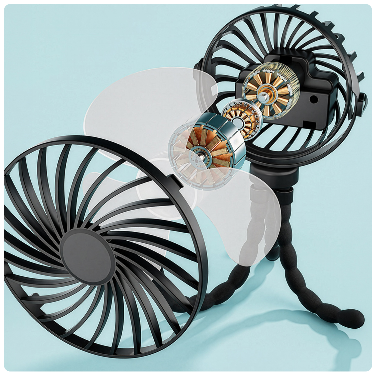 Un ventilador negro con motor expuesto sobre un trípode flexible.