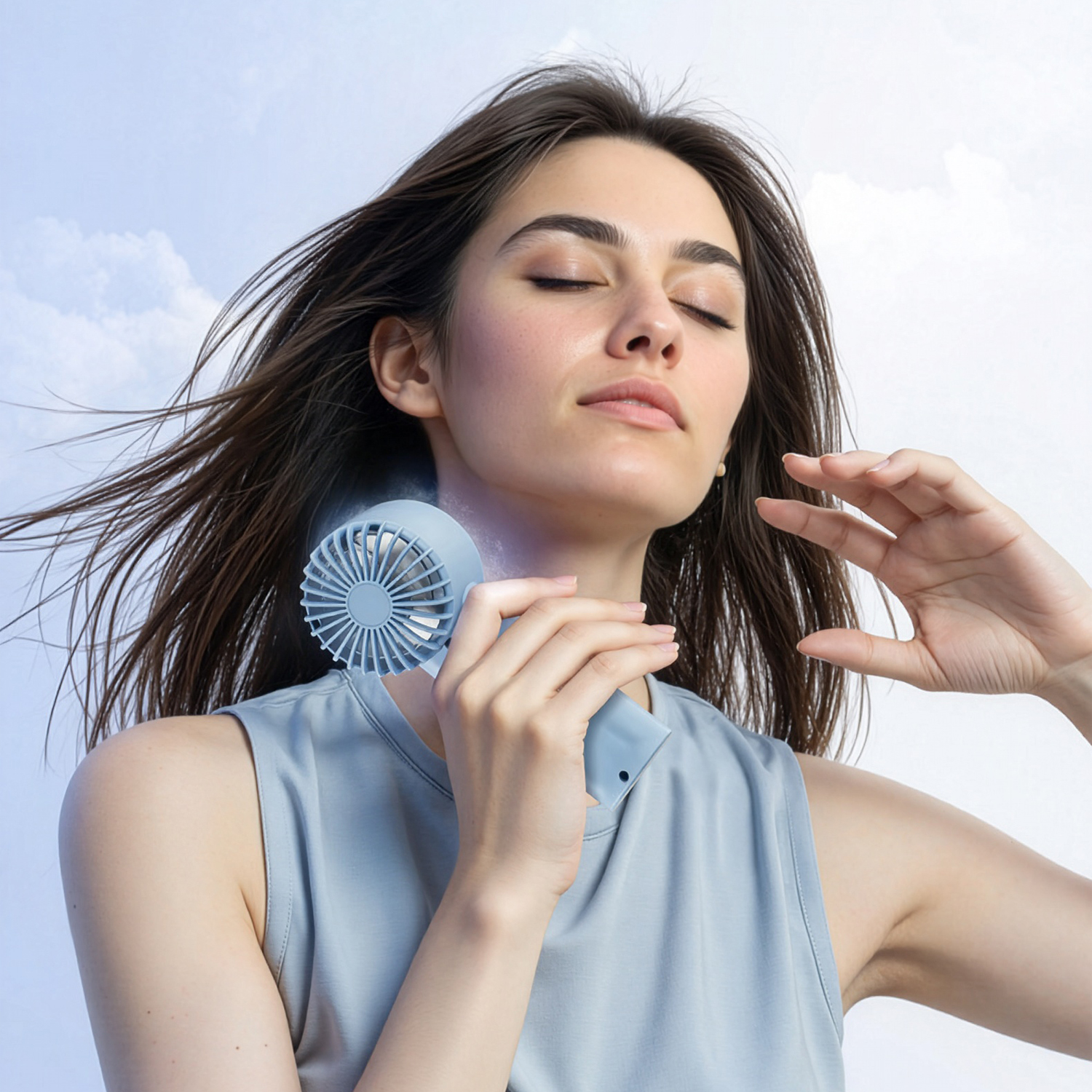 Mujer con ojos cerrados lleva un ventilador de cuello azul ante cielo nublado.