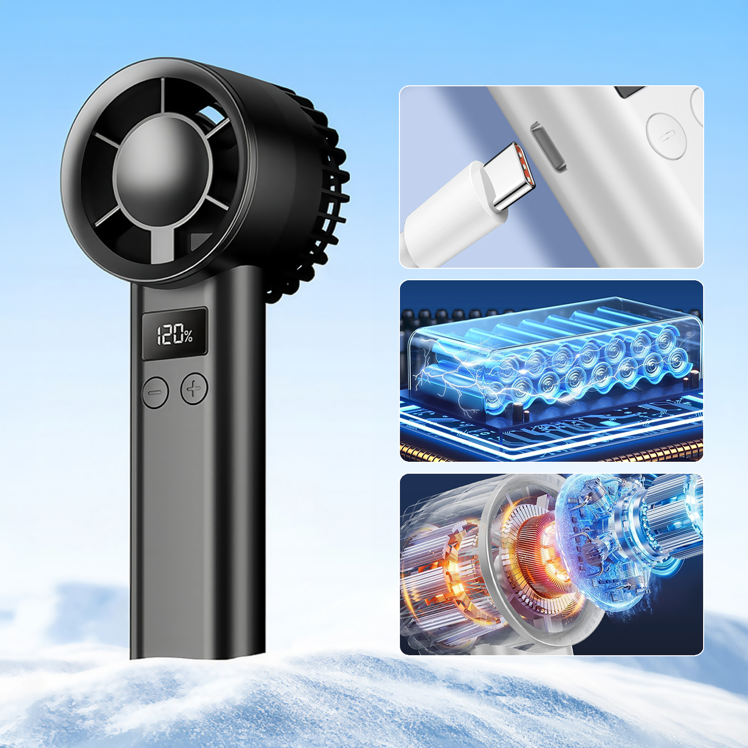 Ventilador portátil negro con pantalla digital, carga USB-C, batería y motor.