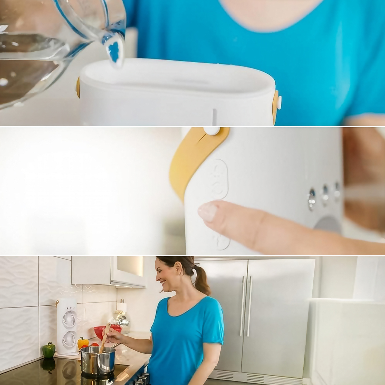 Una mujer cocina en la cocina mientras se vierte agua en un aparato.