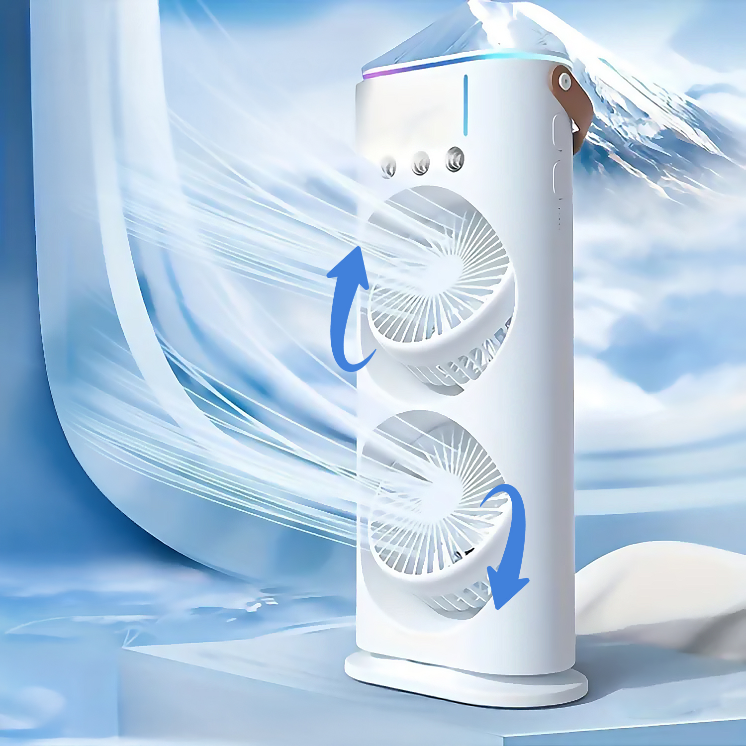 Ventilador de torre blanco con dos ventiladores soplando aire, con telón de fondo de montaña nevada.