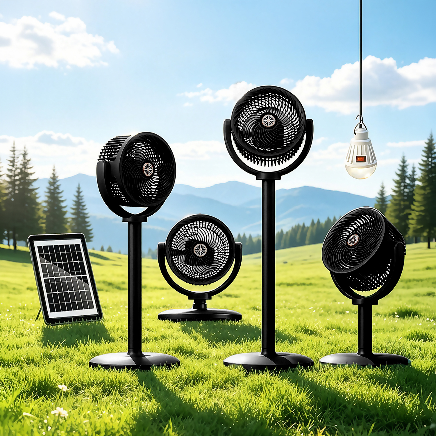 Ventiladores negros y panel solar sobre césped, con árboles y montañas detrás.