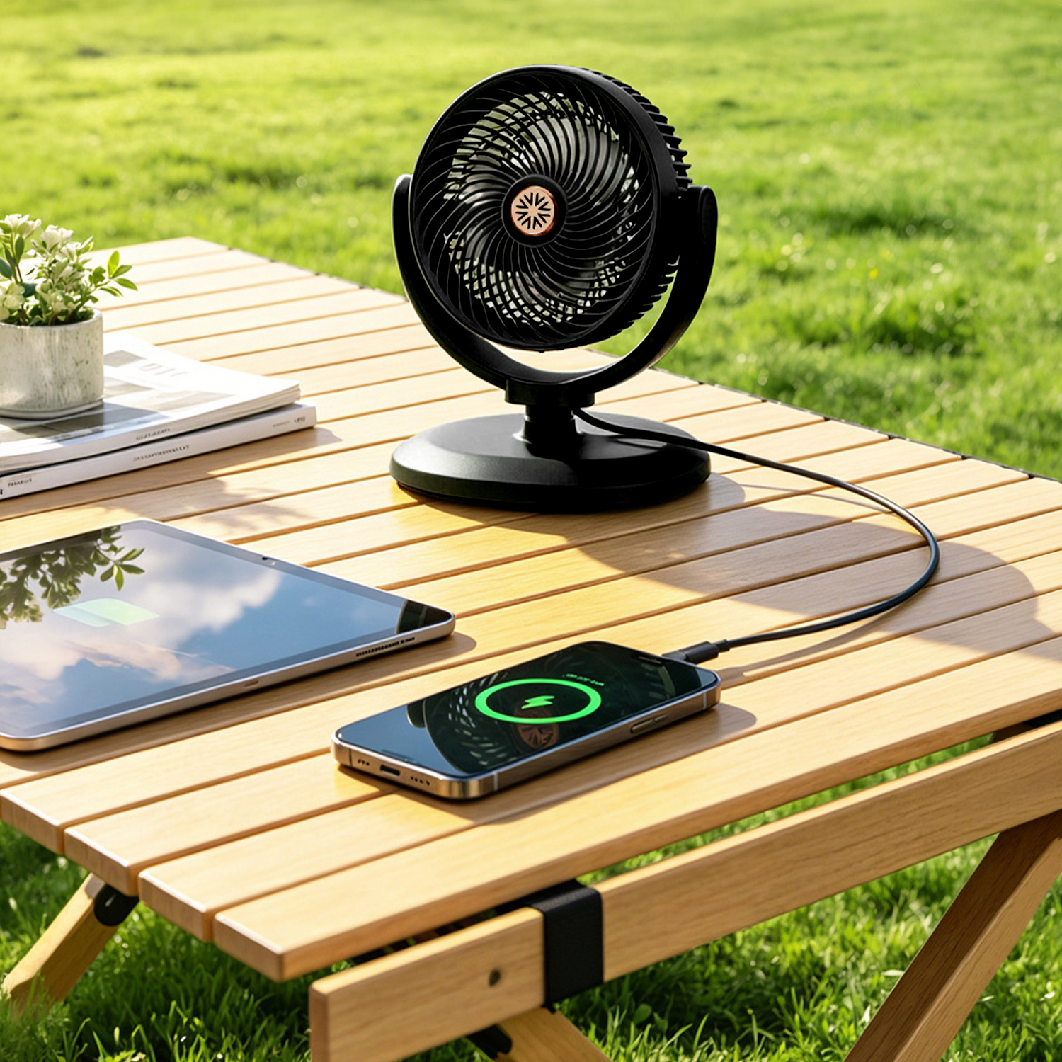 Un ventilador negro y una tableta cargando en una mesa de madera al aire libre.
