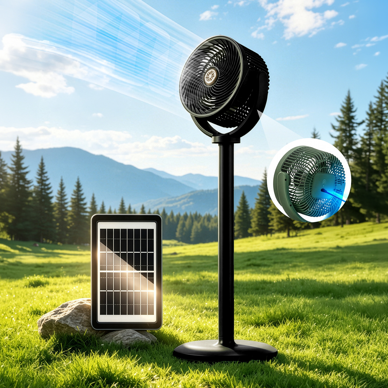 Un ventilador solar está al aire libre junto a un panel solar.