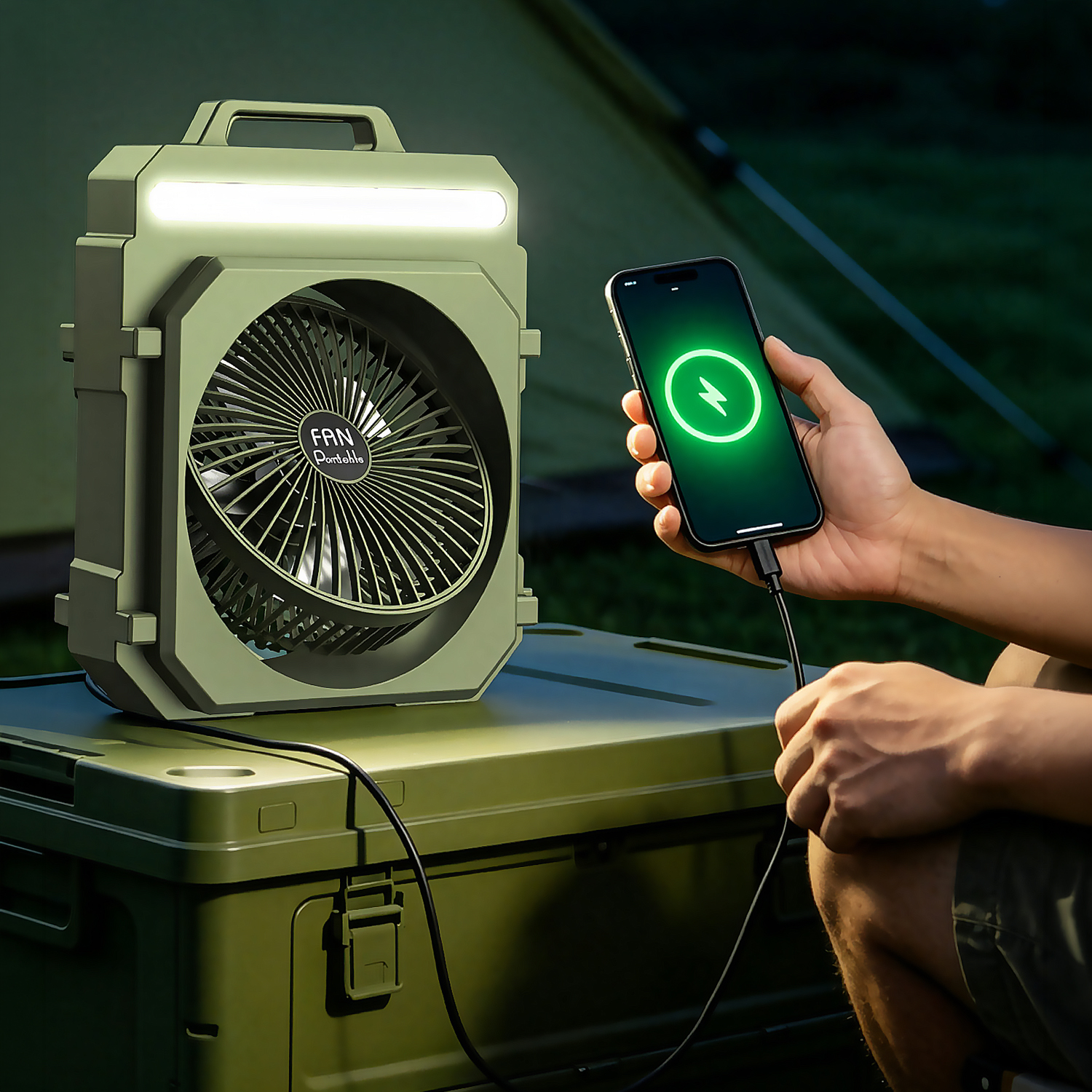 Ventilador de camping verde con luz LED carga un teléfono.