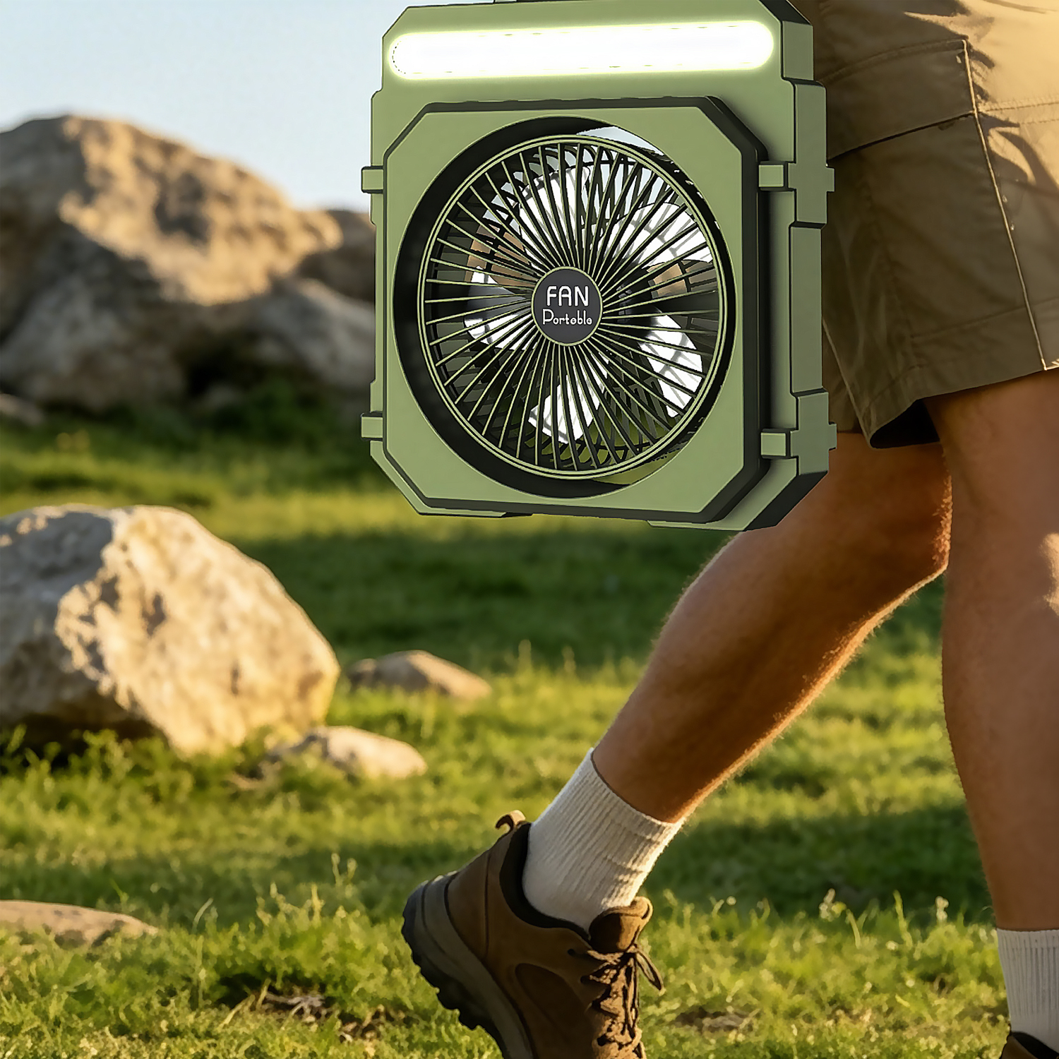 Un ventilador portátil con luz cuelga del pantalón corto de una persona caminando.