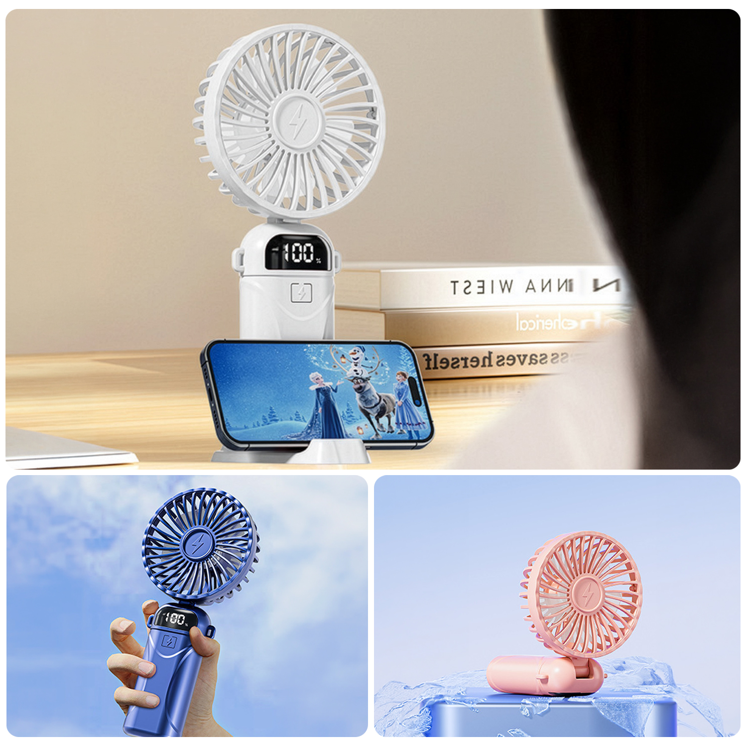 Un mini ventilador blanco con pantalla LED está sobre un teléfono que muestra una película.