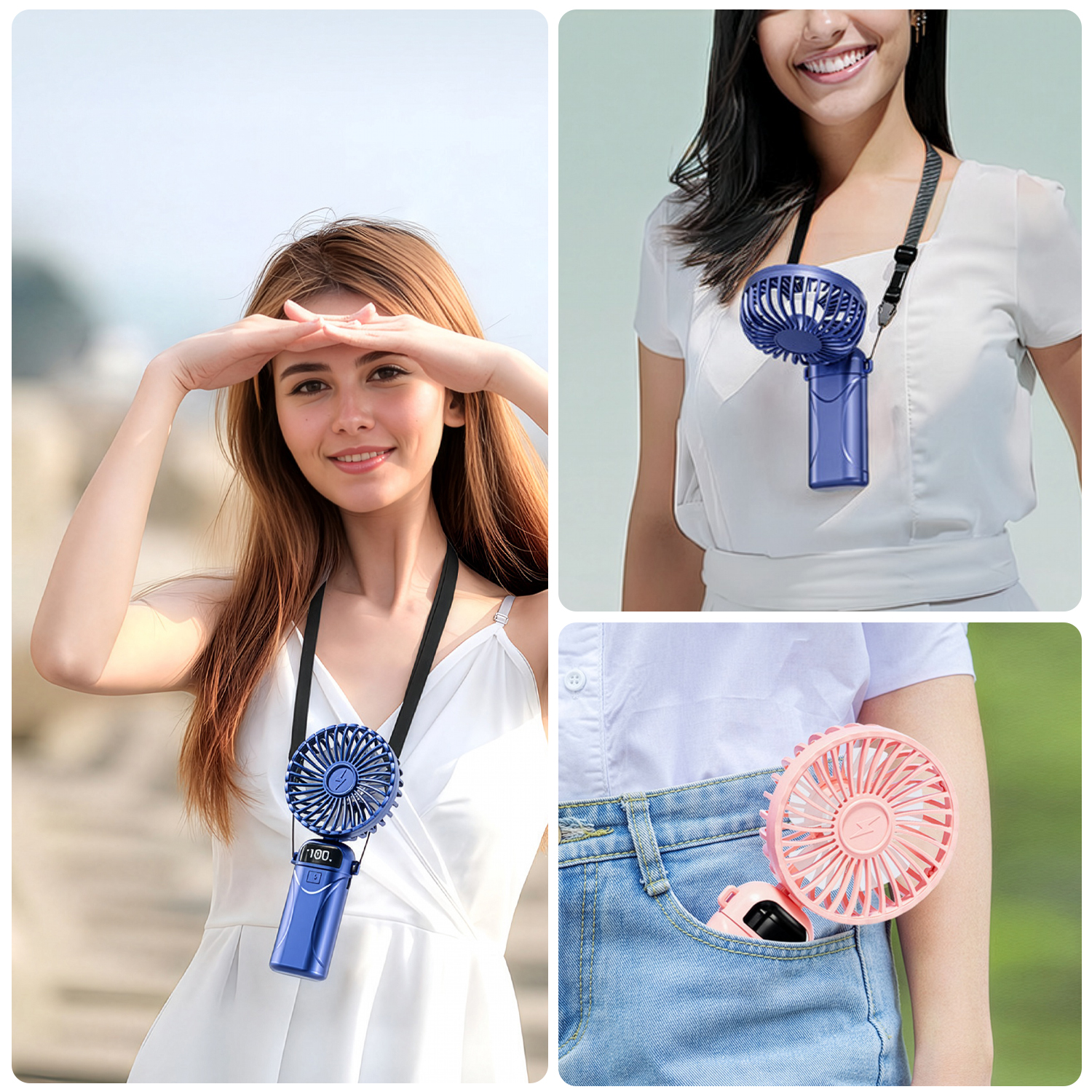 Colage de tres mujeres con ventiladores portátiles de cuello y un ventilador en bolsillo de jeans.