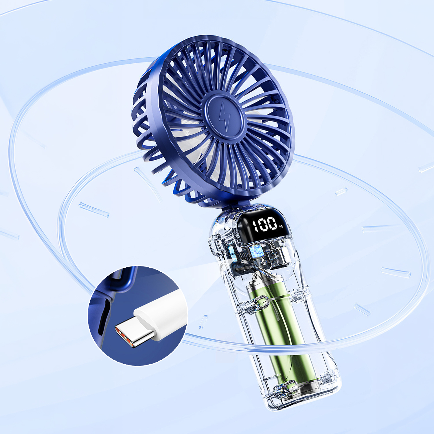 Un ventilador azul de mano con mango transparente que muestra una batería y cable USB-C.