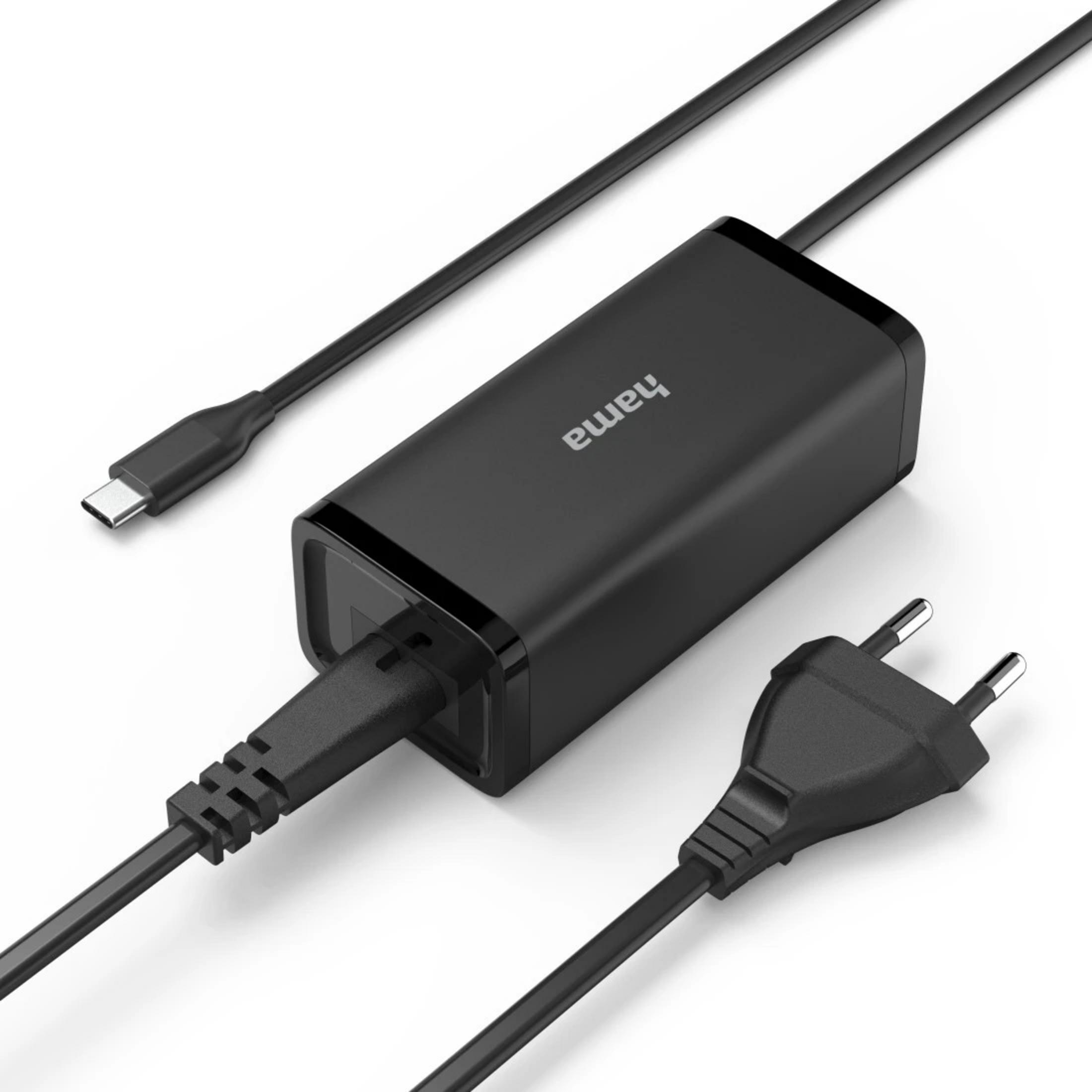 Schwarzer Hama USB-C Netzadapter mit europäischem Stecker und Kabel.